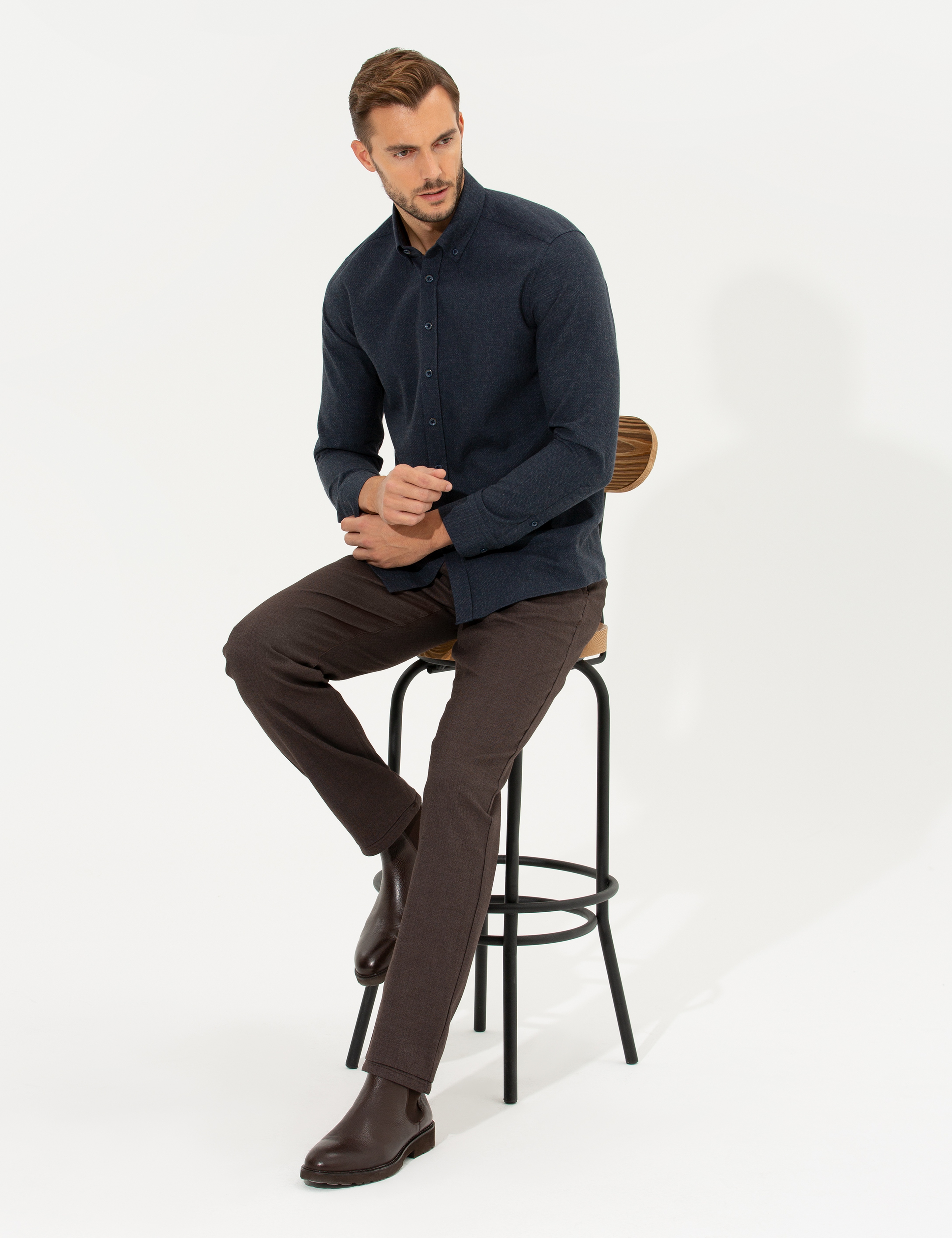 Kahverengi Regular Fit Çizgili Kanvas Pantolon