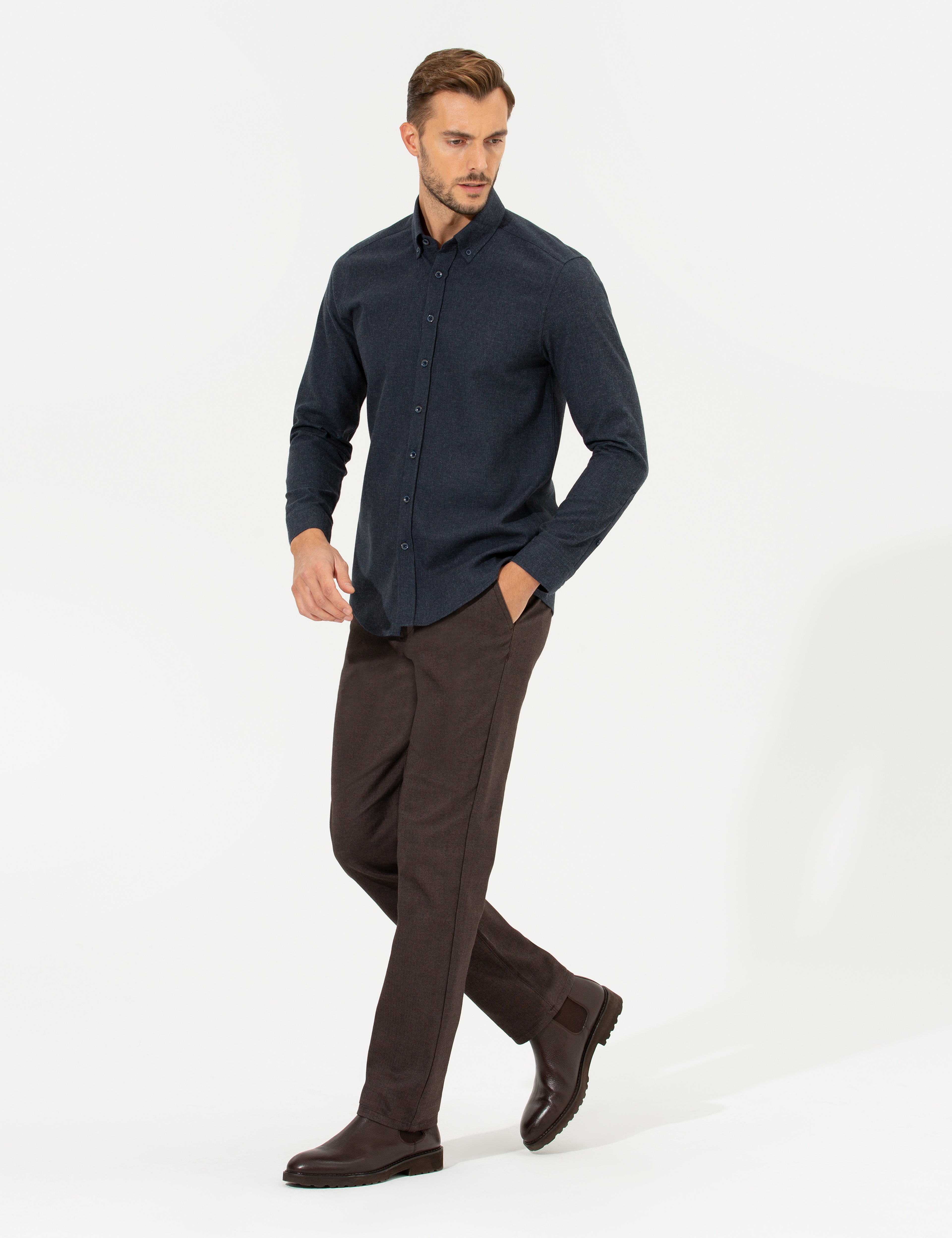 Kahverengi Regular Fit Çizgili Kanvas Pantolon - Image 3