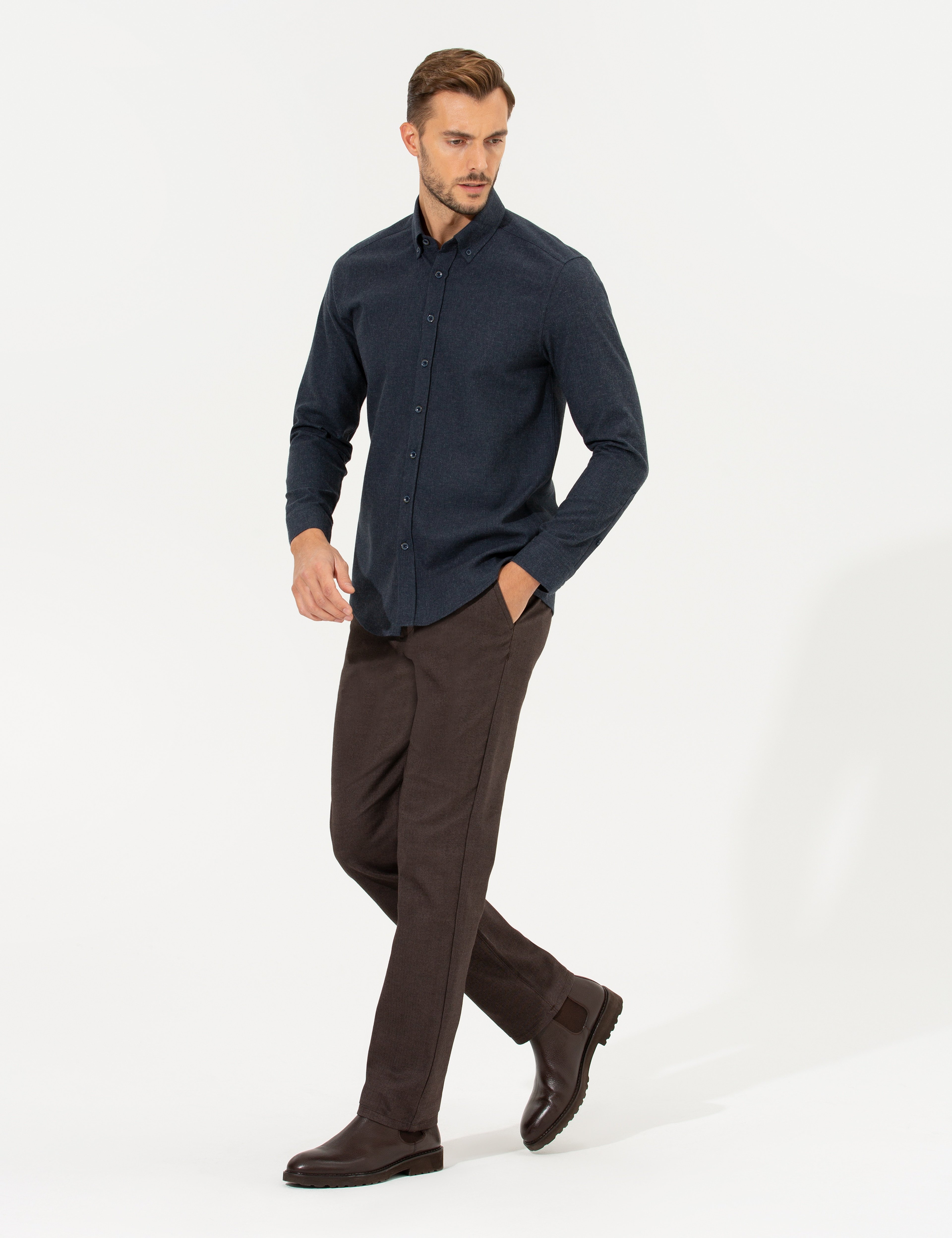 Kahverengi Regular Fit Çizgili Kanvas Pantolon