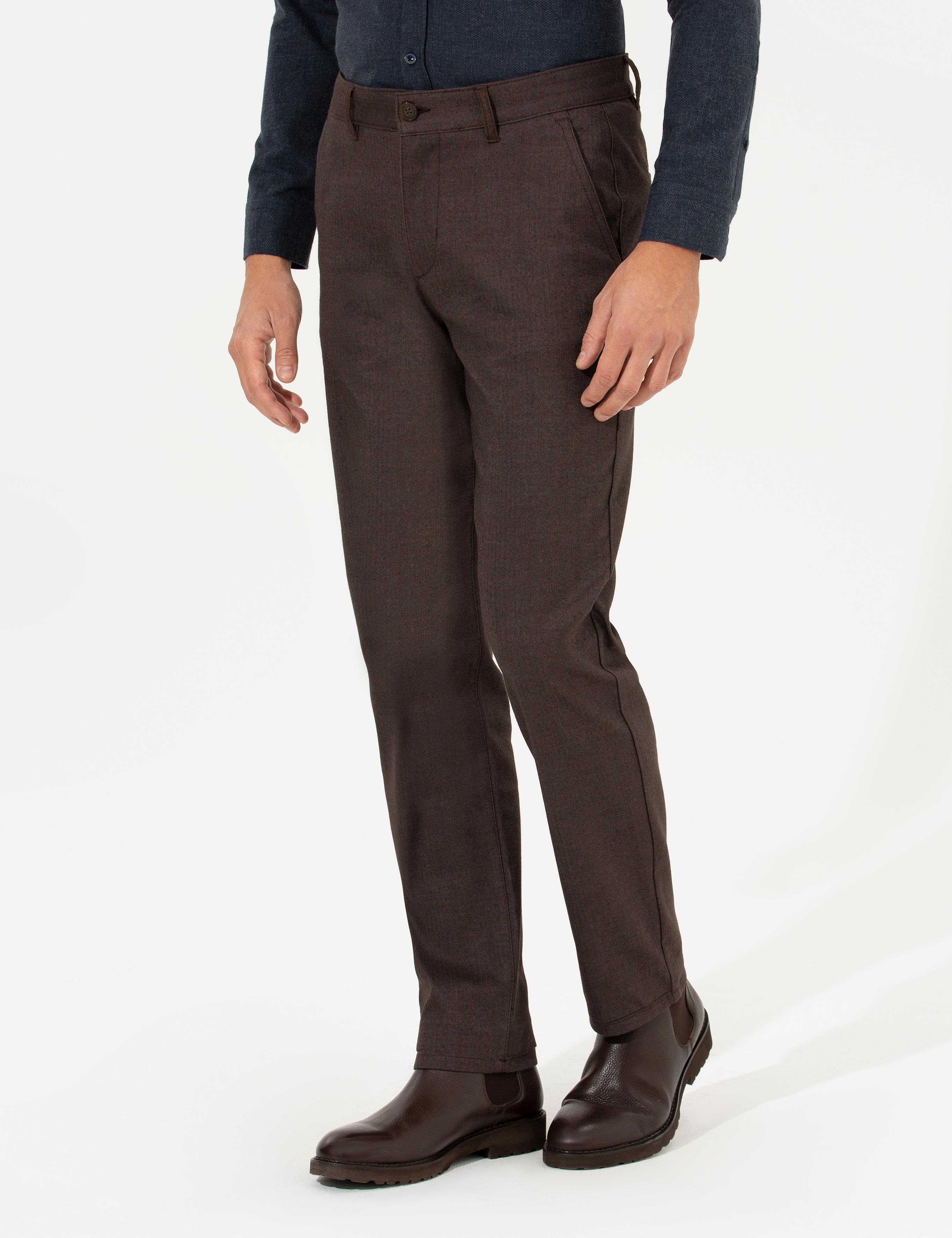 Kahverengi Regular Fit Çizgili Kanvas Pantolon