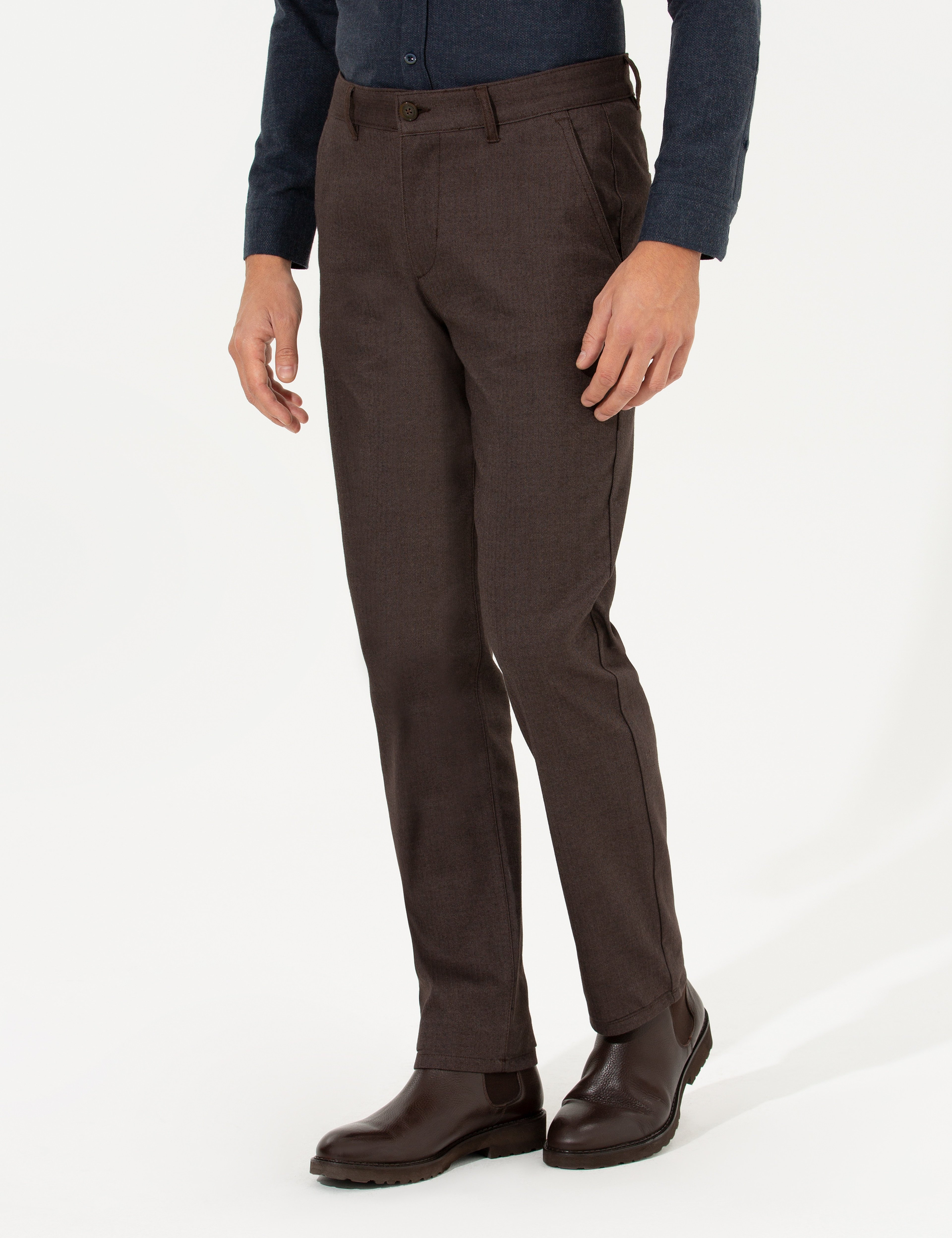 Kahverengi Regular Fit Çizgili Kanvas Pantolon