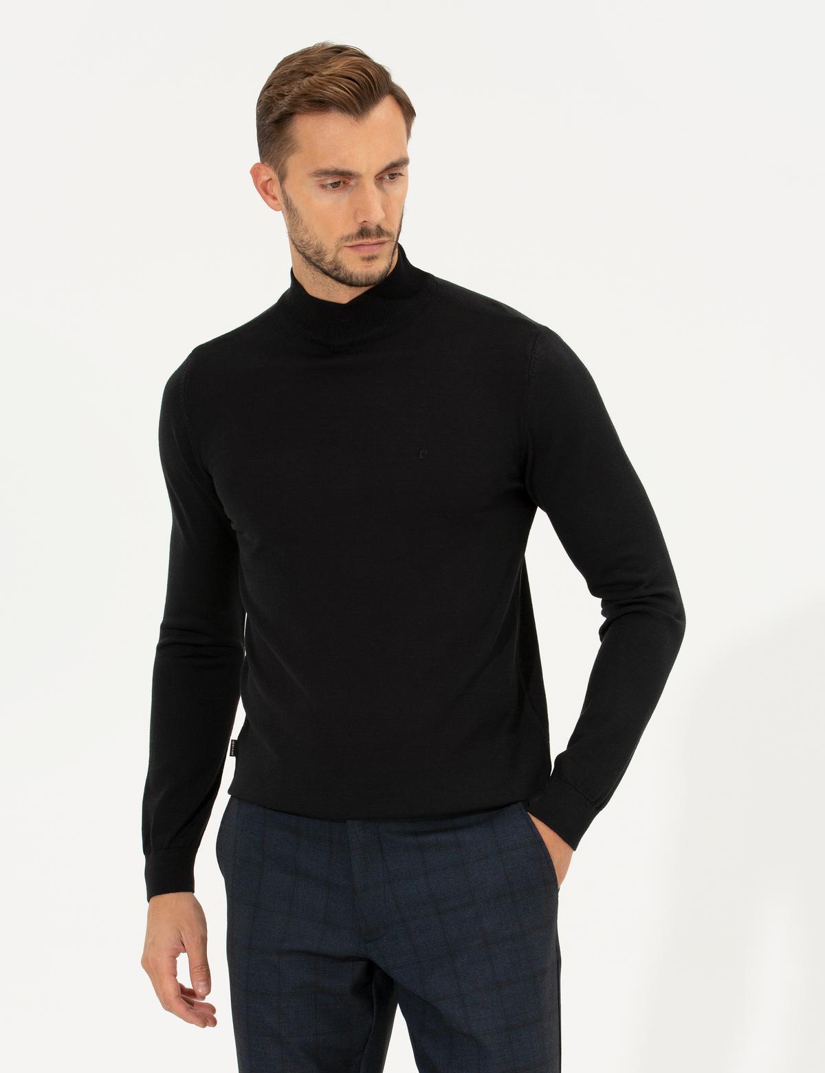 Siyah Regular Fit Yarım Balıkçı Yaka Basic Triko Kazak