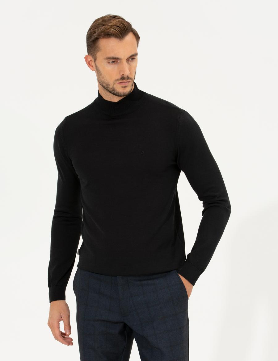 Siyah Regular Fit Yarım Balıkçı Yaka Basic Triko Kazak