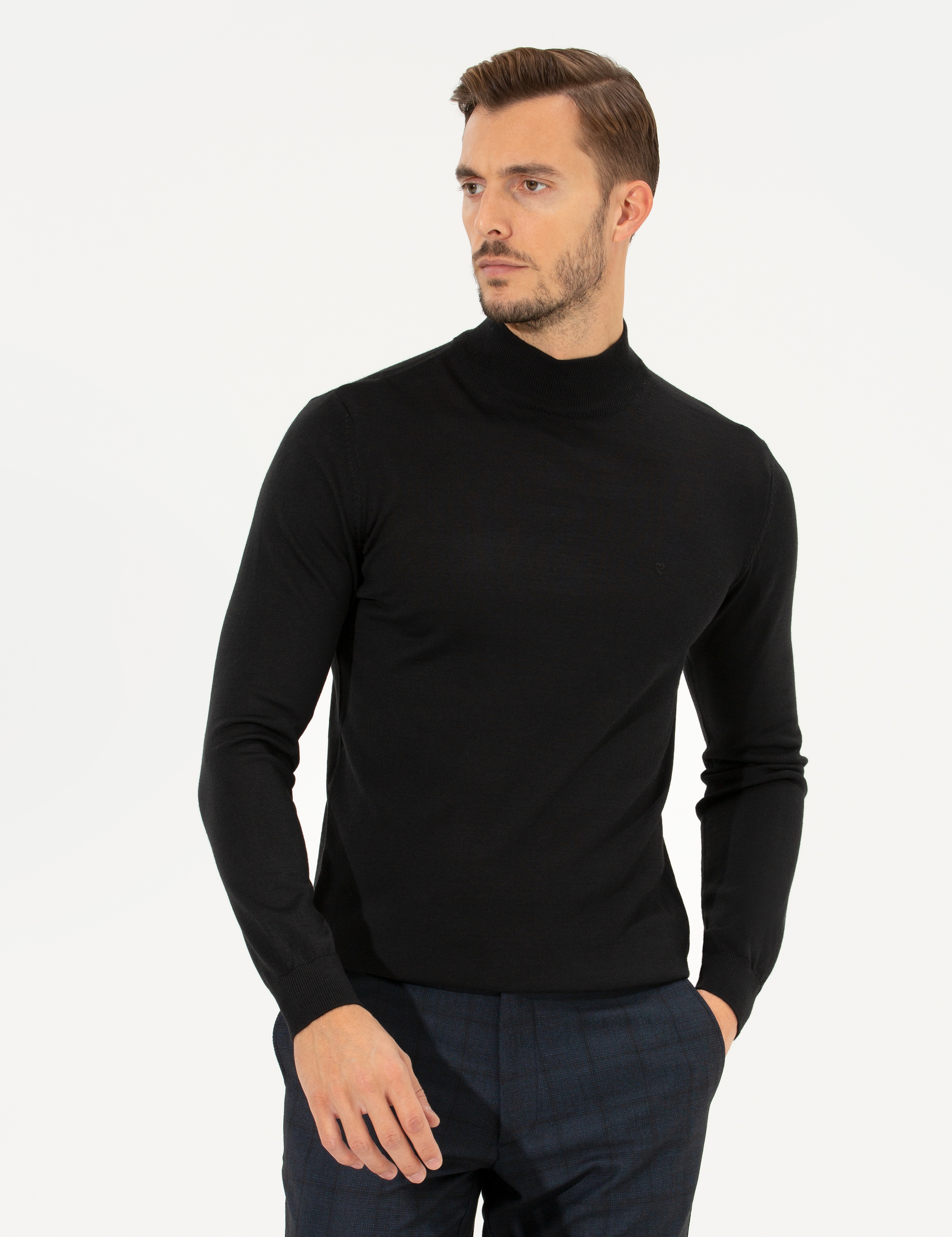 Siyah Regular Fit Yarım Balıkçı Yaka Basic Triko Kazak - Image 3