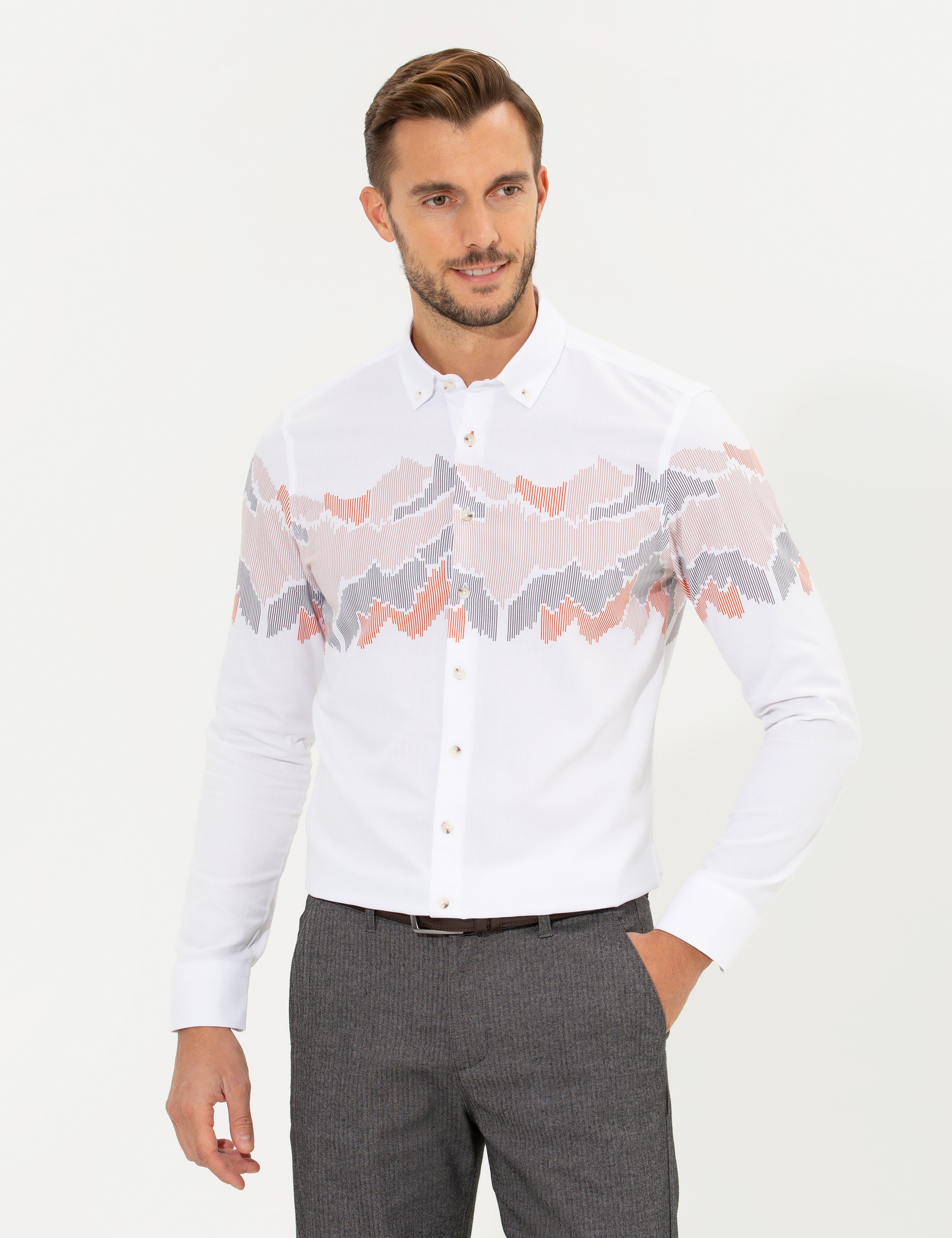Turuncu Slim Fit Uzun Kollu Gömlek