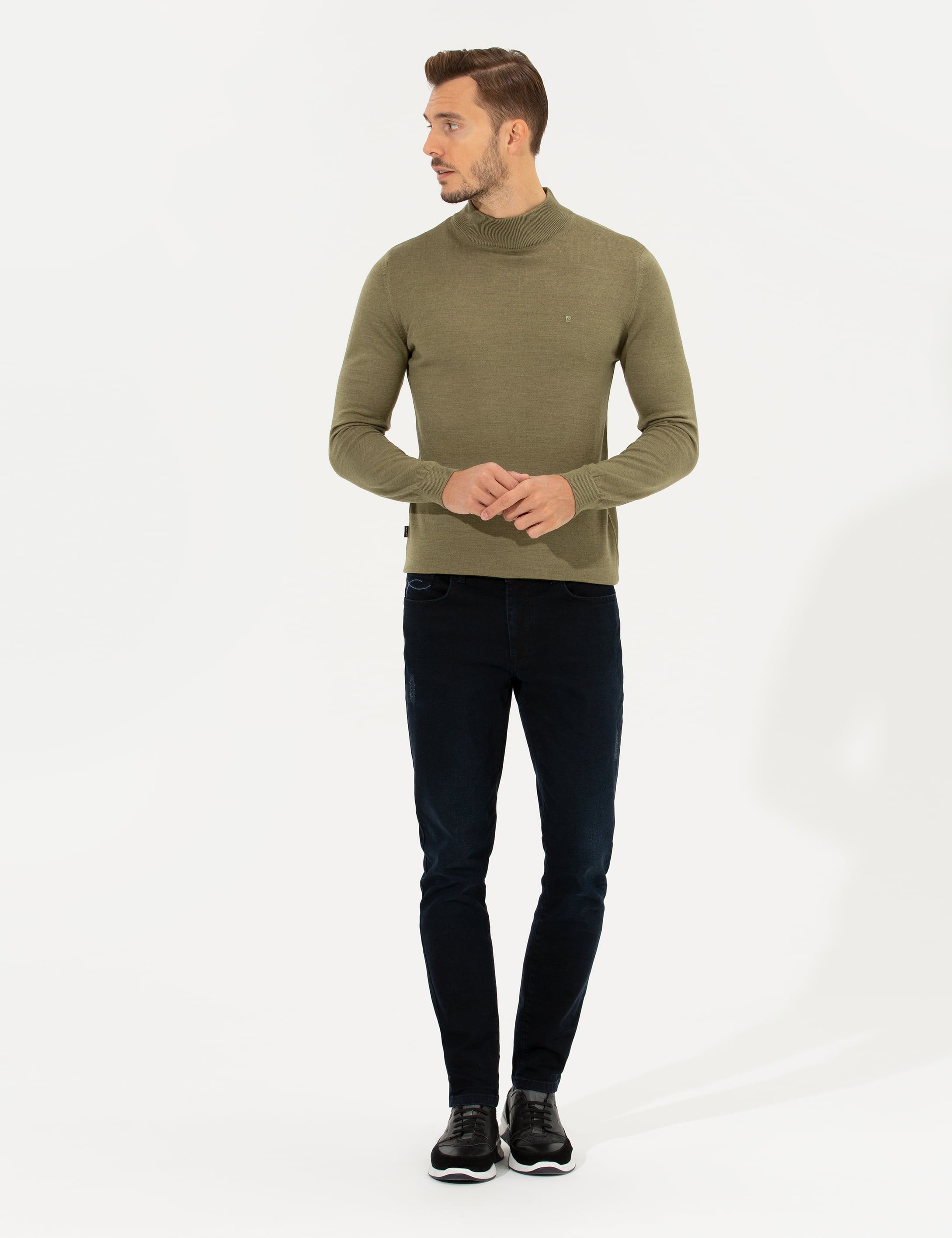 Su Yeşili Regular Fit Yarım Balıkçı Yaka Yün Karışımlı Basic Triko Kazak