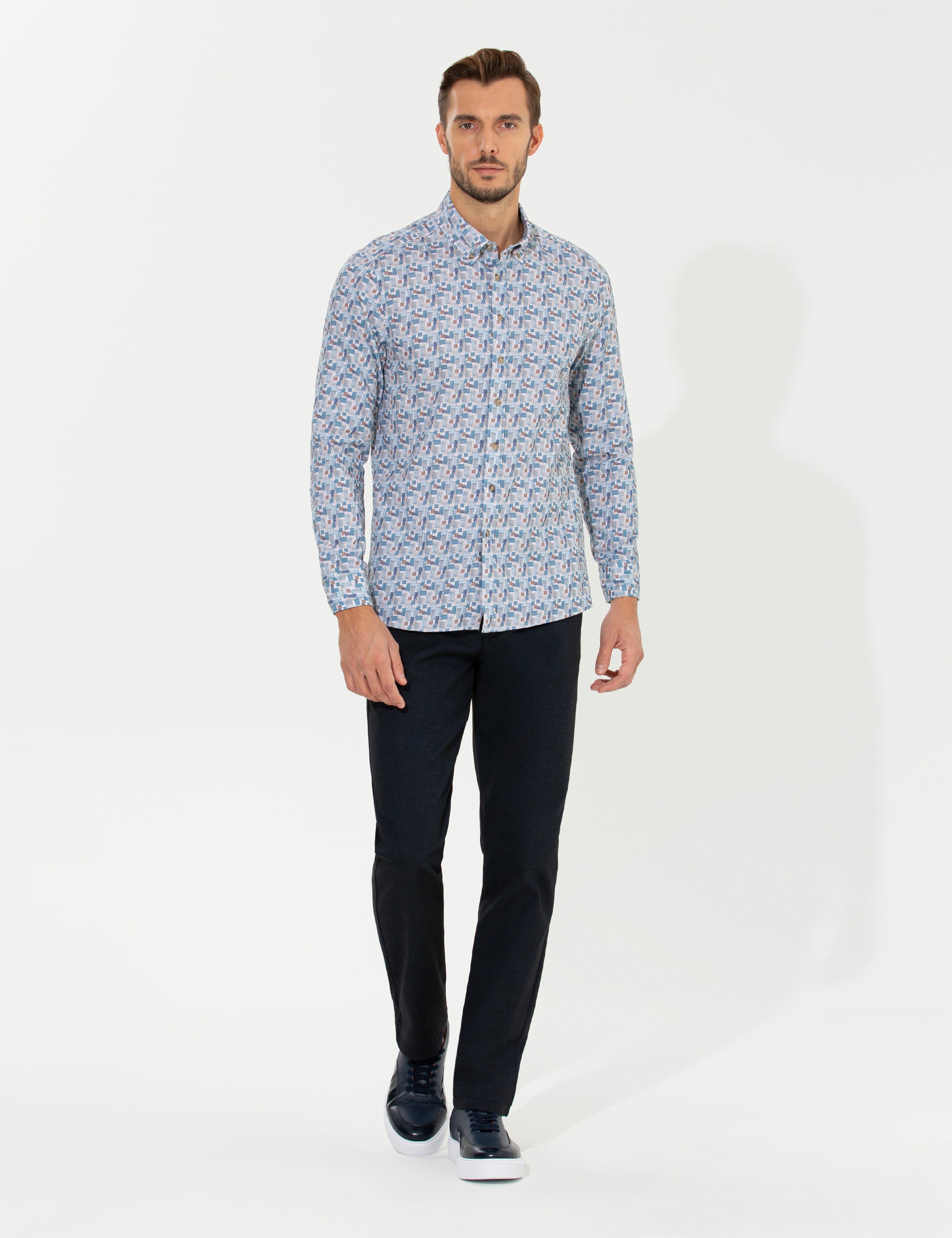 Lacivert Regular Fit Çizgili Kanvas Pantolon - Image 3