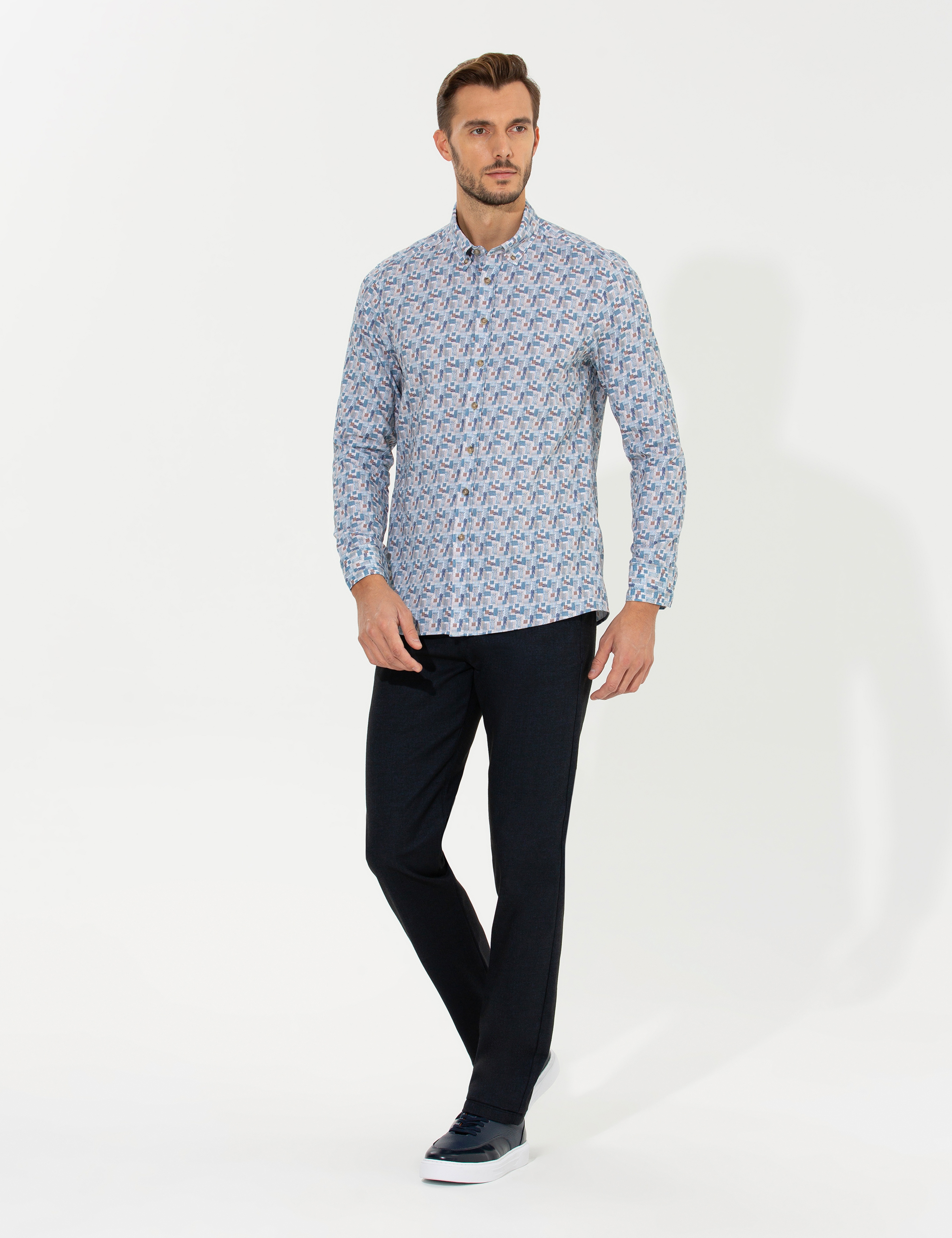 Lacivert Regular Fit Çizgili Kanvas Pantolon - Image 1