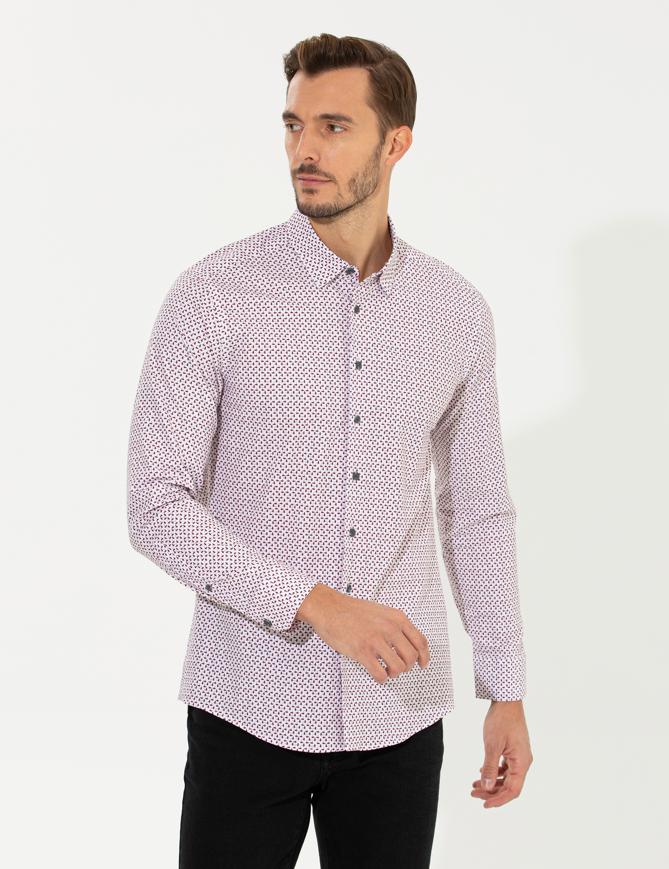 Bordo Slim Fit Uzun Kollu Gömlek