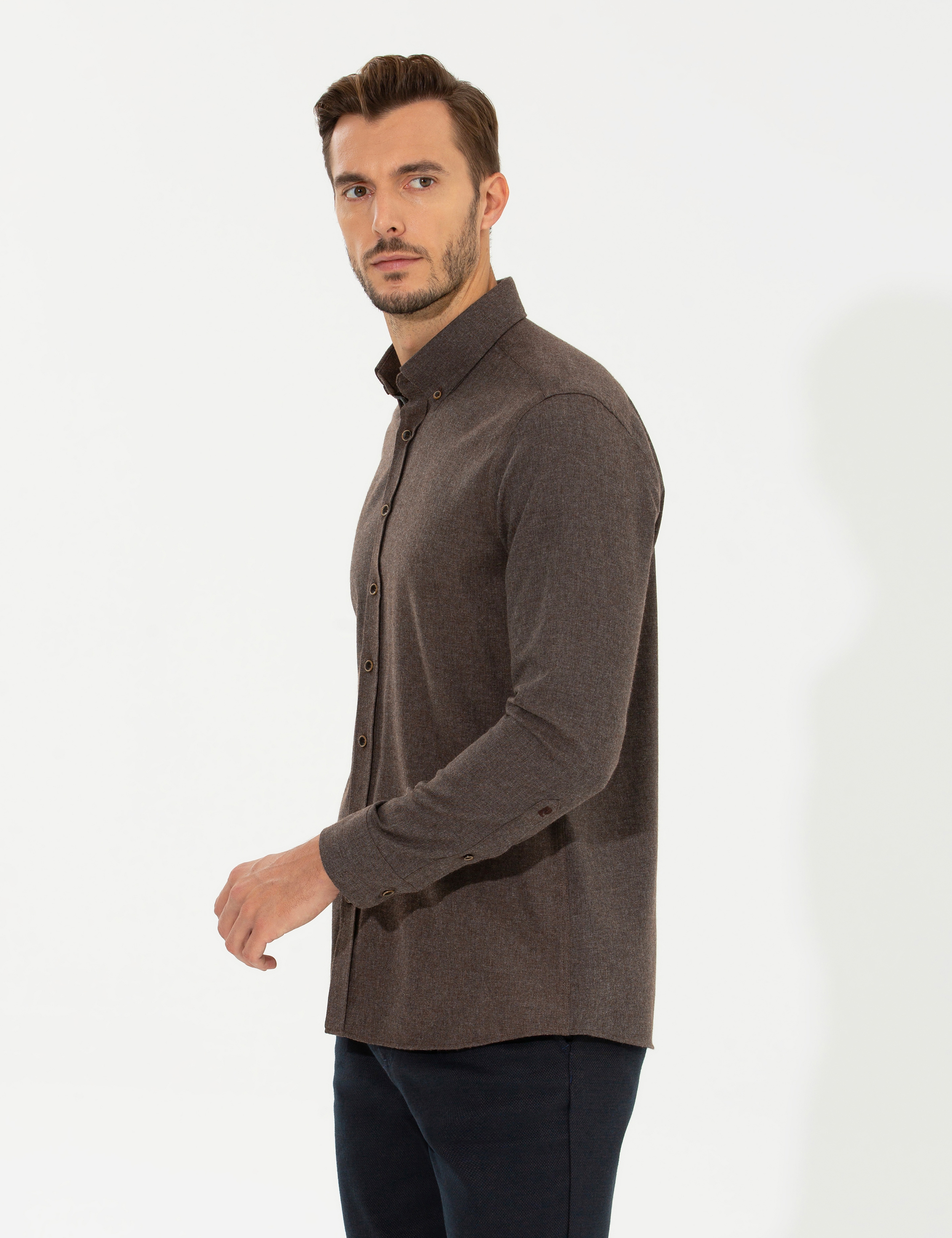 Kahverengi Regular Fit Uzun Kollu Gömlek - Image 4