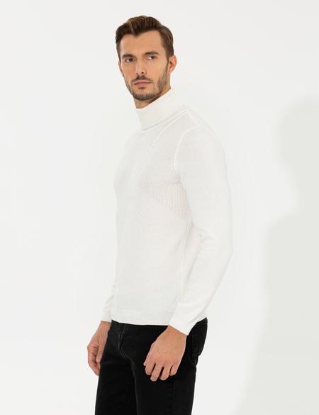 Ekru Slim Fit Balıkçı Yaka Triko Kazak - 50259784001