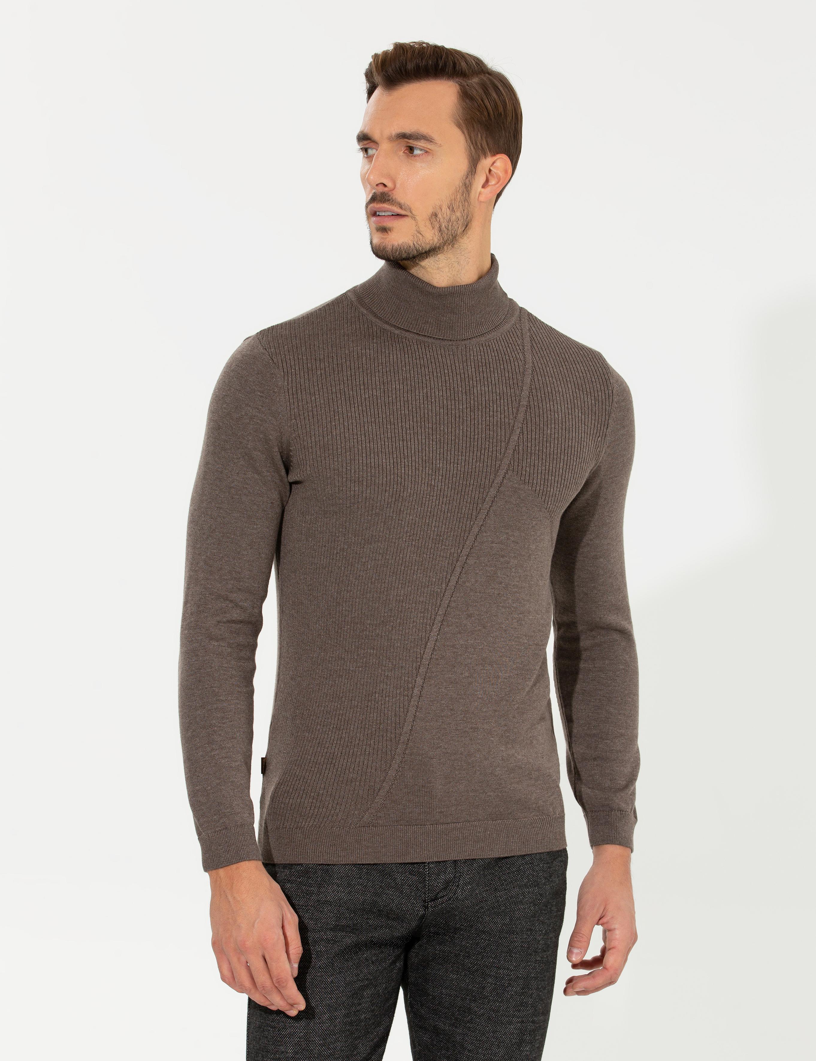 Vizon Melanj Slim Fit Balıkçı Yaka Triko Kazak