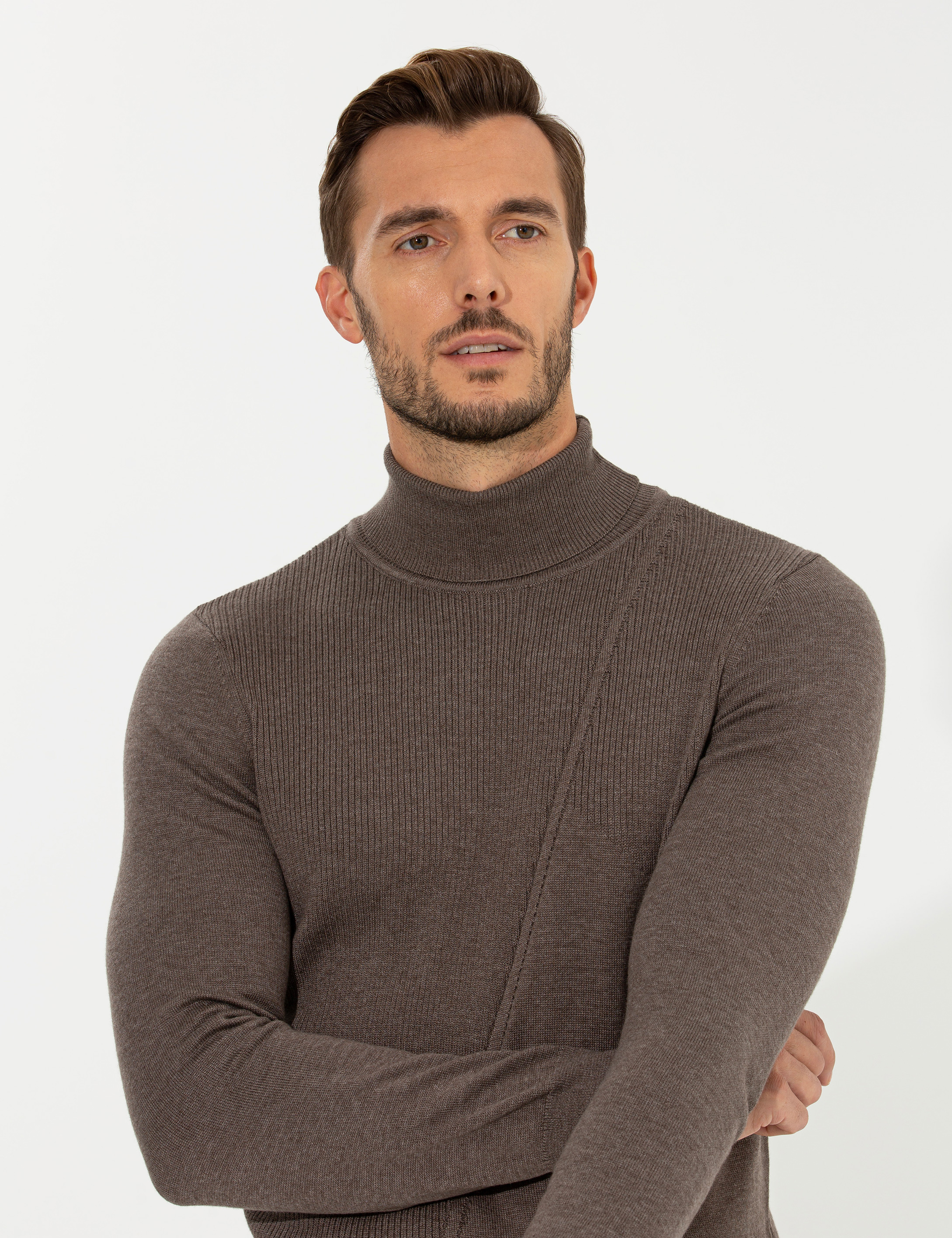 Pierre Cardin Vizon Melanj Slim Fit Balıkçı Yaka Triko Kazak görsel 2