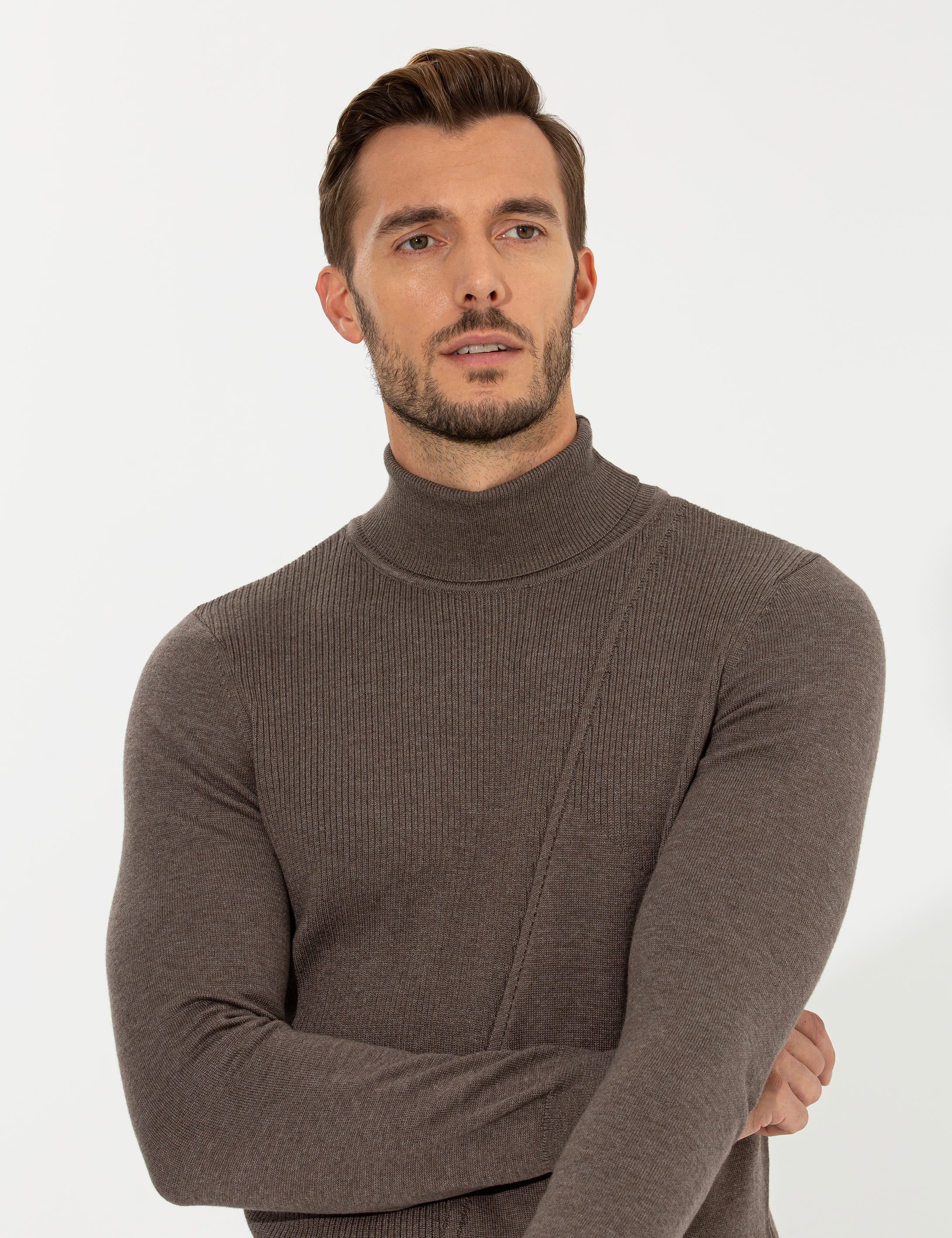Vizon Melanj Slim Fit Balıkçı Yaka Triko Kazak