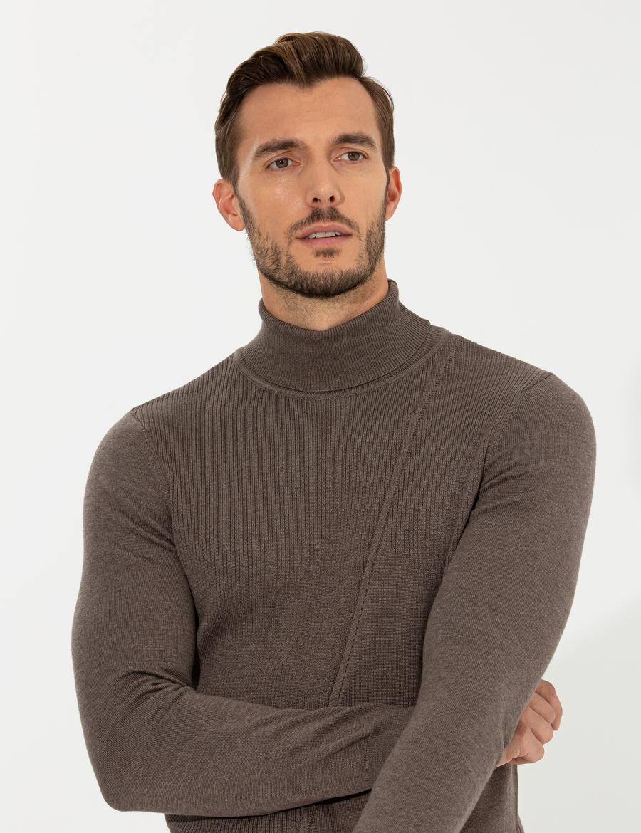 Vizon Melanj Slim Fit Balıkçı Yaka Triko Kazak