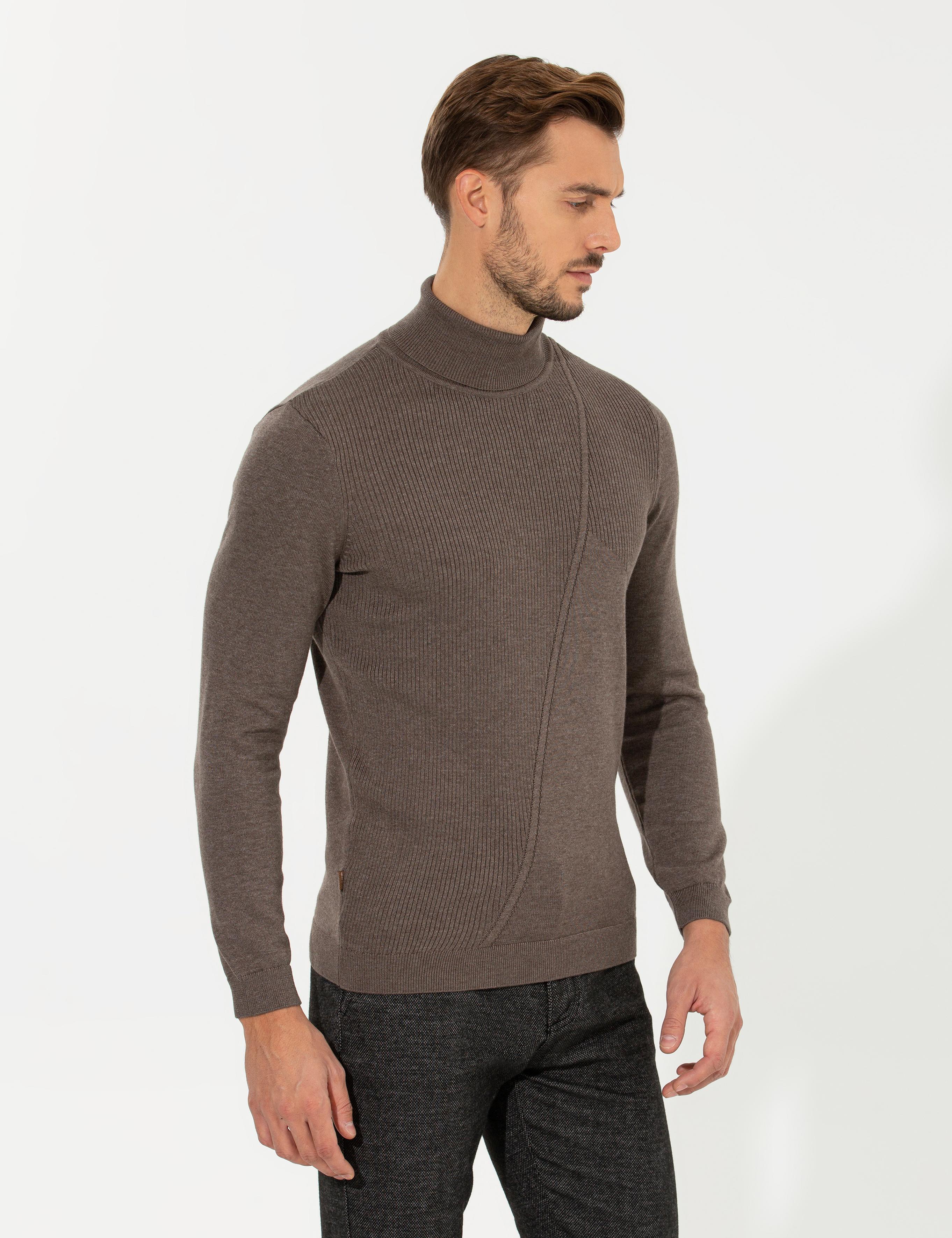 Vizon Melanj Slim Fit Balıkçı Yaka Triko Kazak