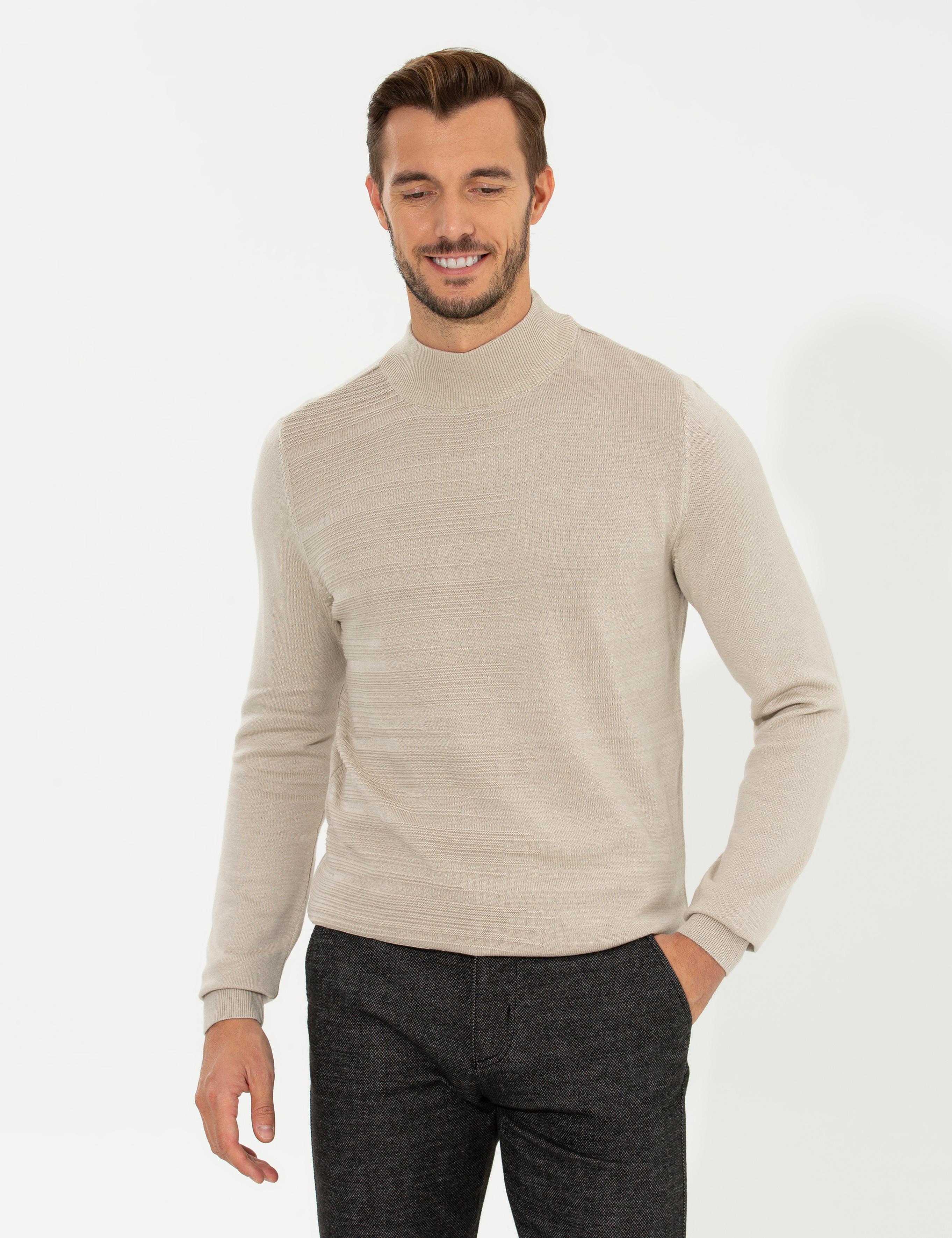 Kum Melanj Slim Fit Yarım Balıkçı Yaka Triko Kazak