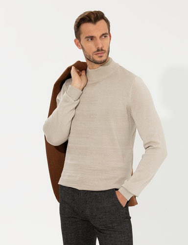 Kum Melanj Slim Fit Yarım Balıkçı Yaka Triko Kazak