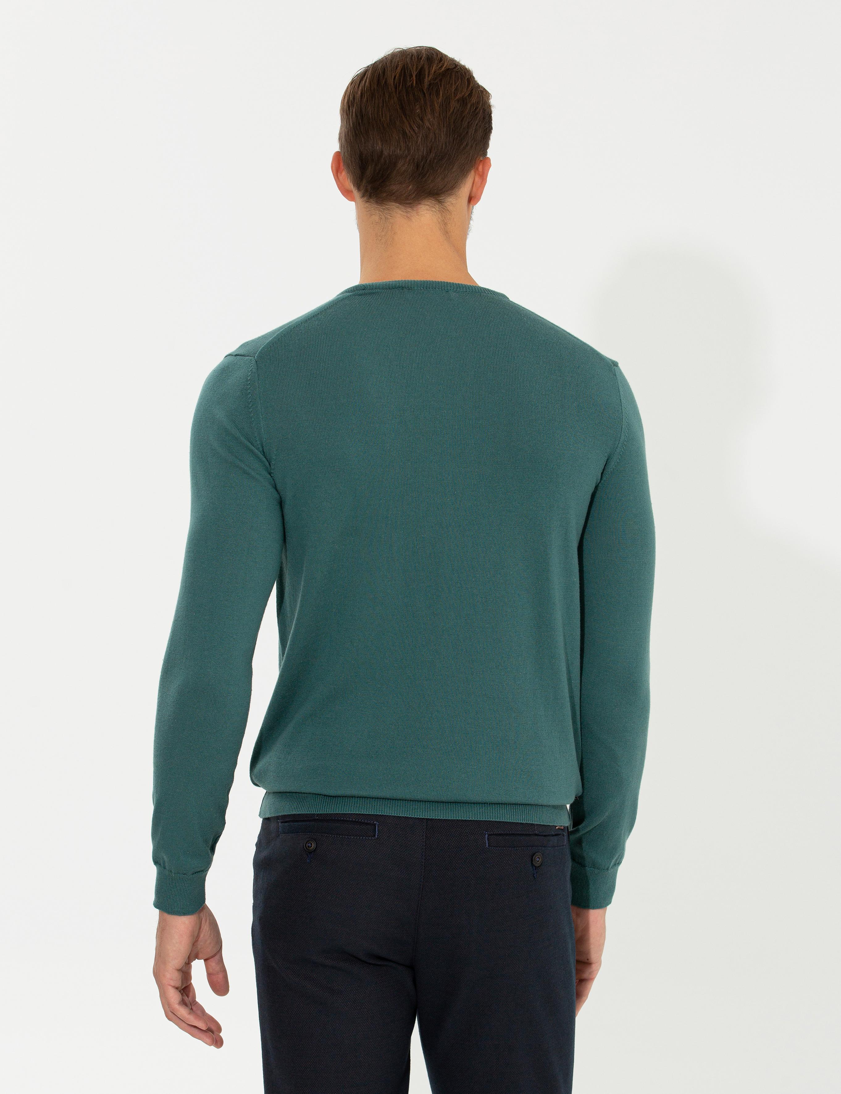 Yeşil Slim Fit Bisiklet Yaka Basic Triko Kazak