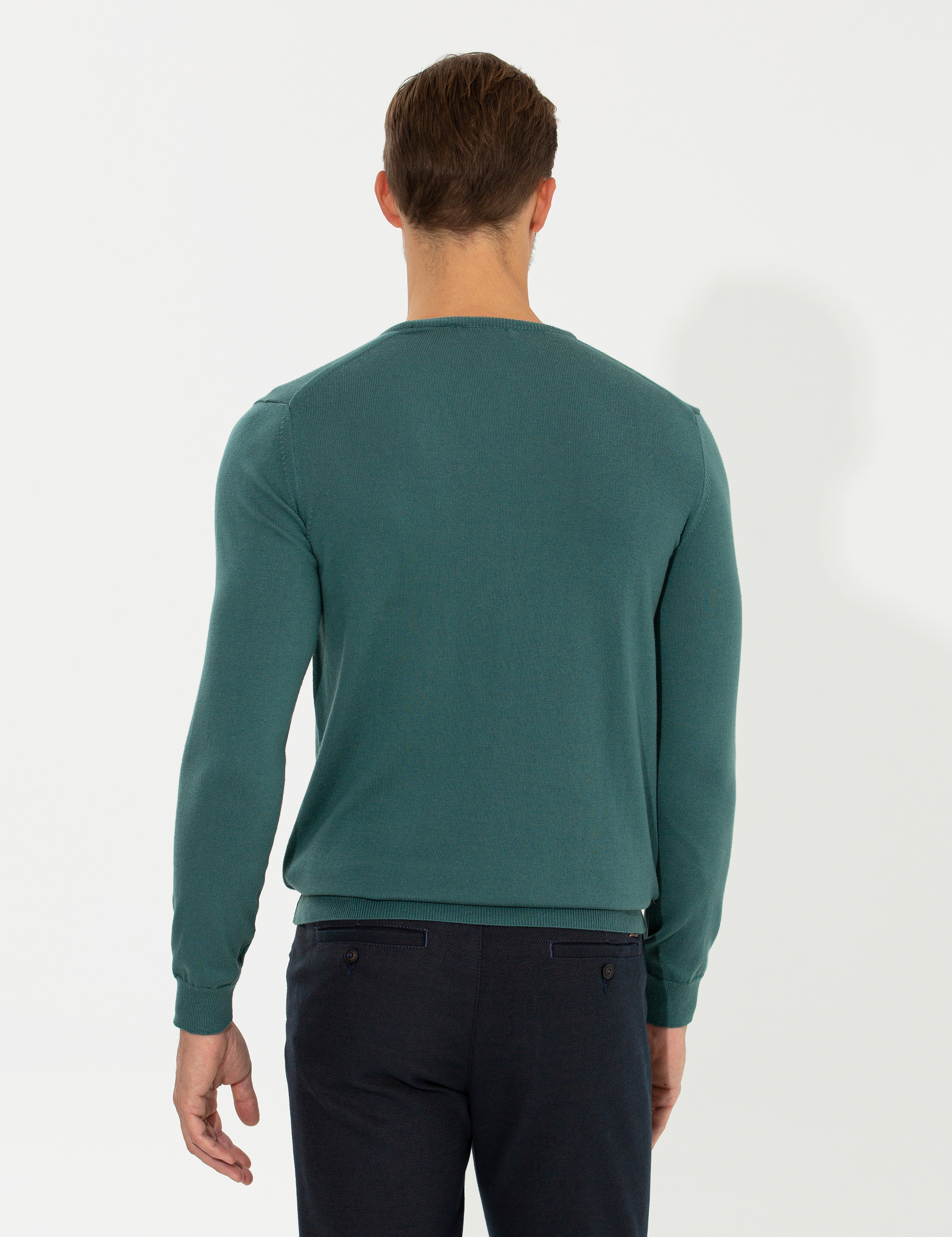 Yeşil Slim Fit Bisiklet Yaka Basic Triko Kazak - Image 5