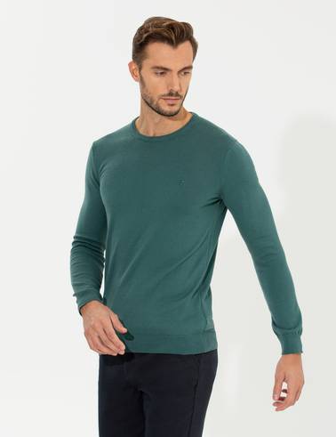 Yeşil Slim Fit Bisiklet Yaka Basic Triko Kazak