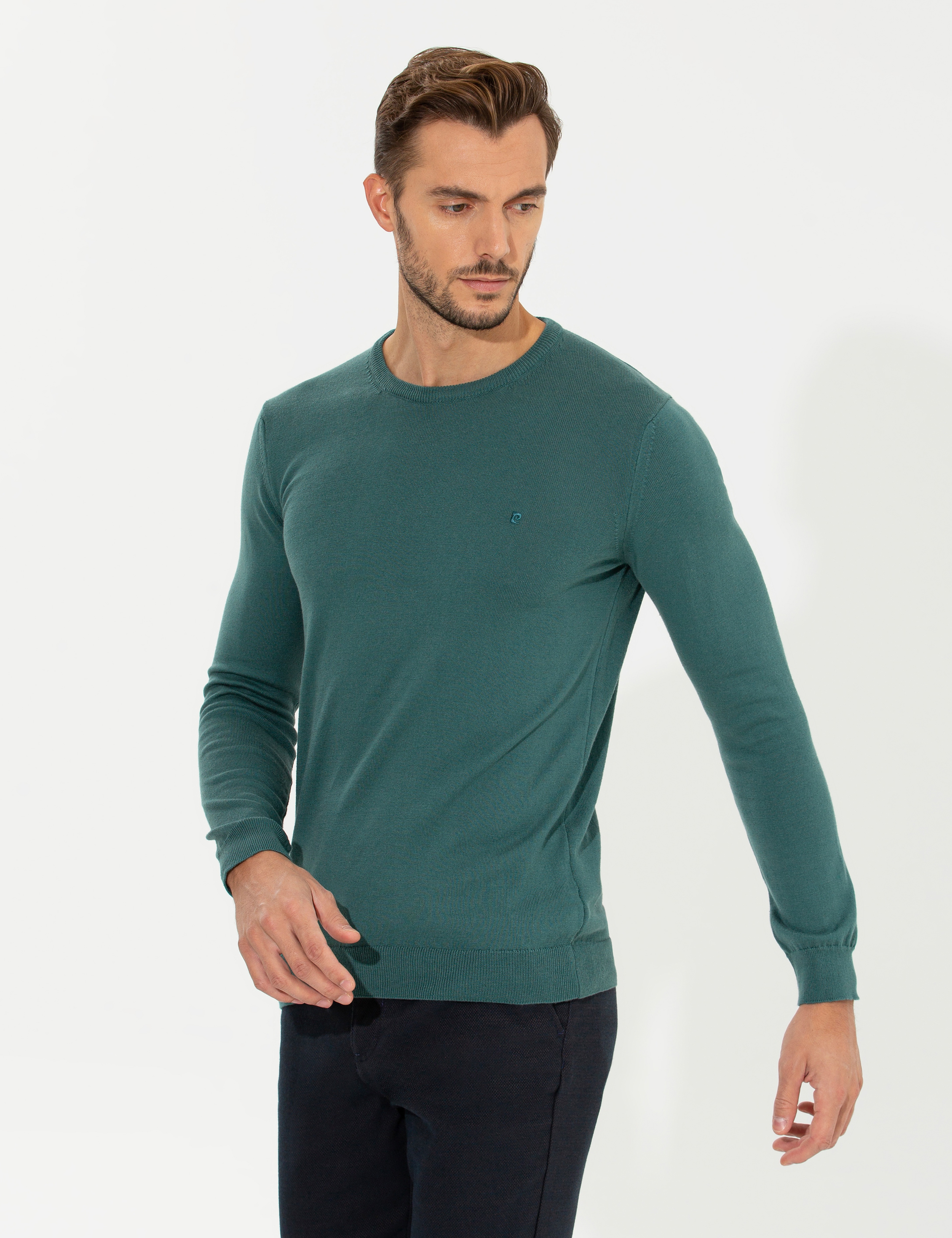 Yeşil Slim Fit Bisiklet Yaka Basic Triko Kazak