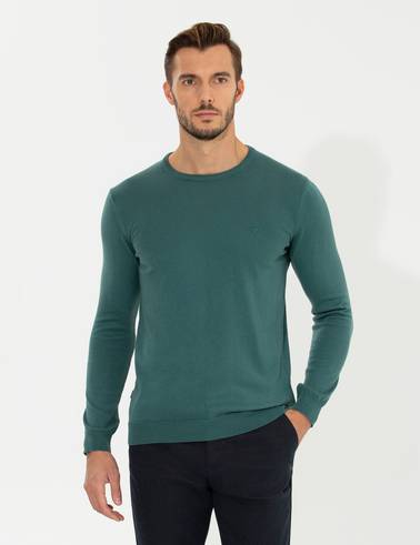 Yeşil Slim Fit Bisiklet Yaka Basic Triko Kazak