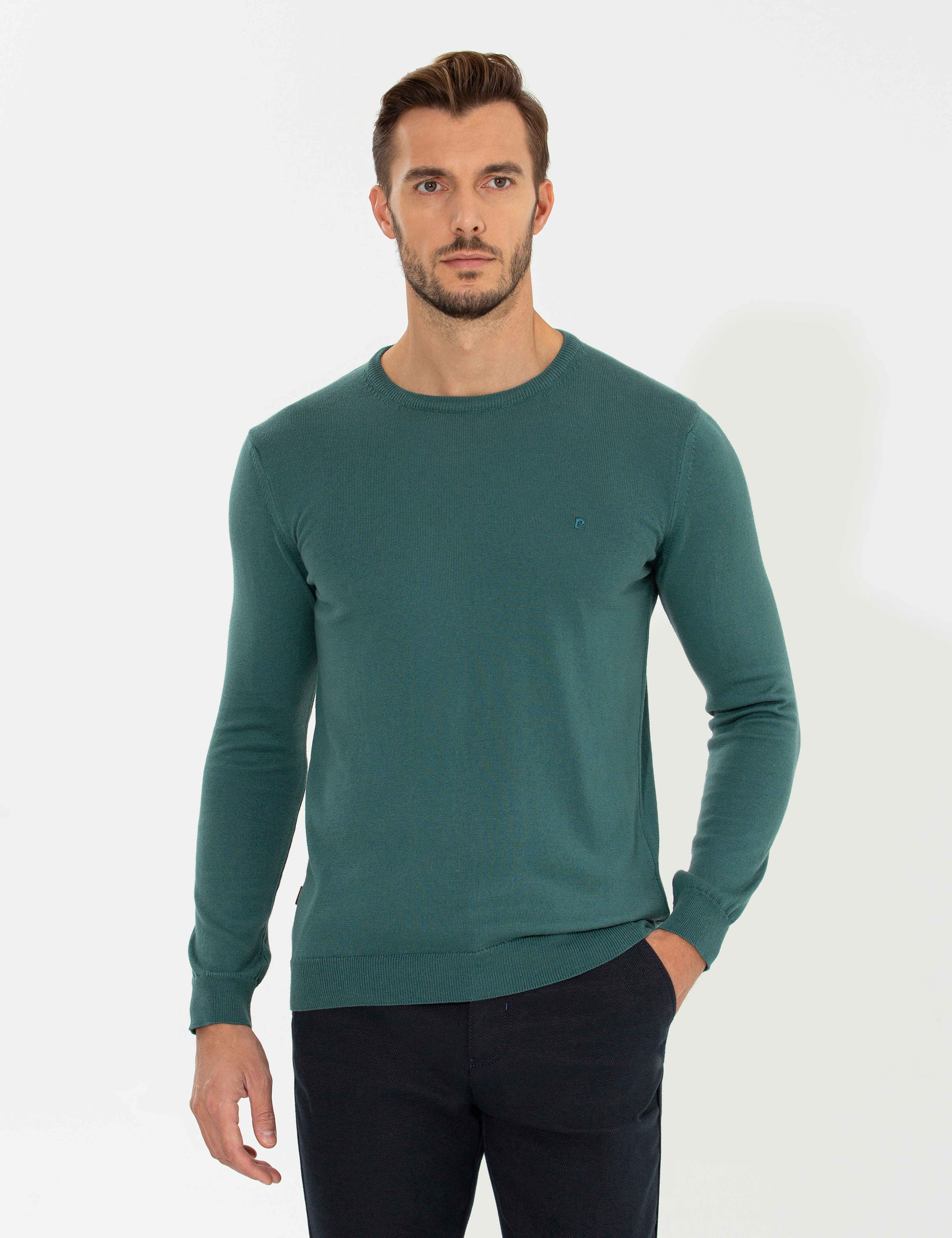 Yeşil Slim Fit Bisiklet Yaka Basic Triko Kazak - Image 3