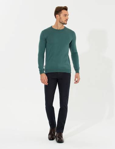 Yeşil Slim Fit Bisiklet Yaka Basic Triko Kazak