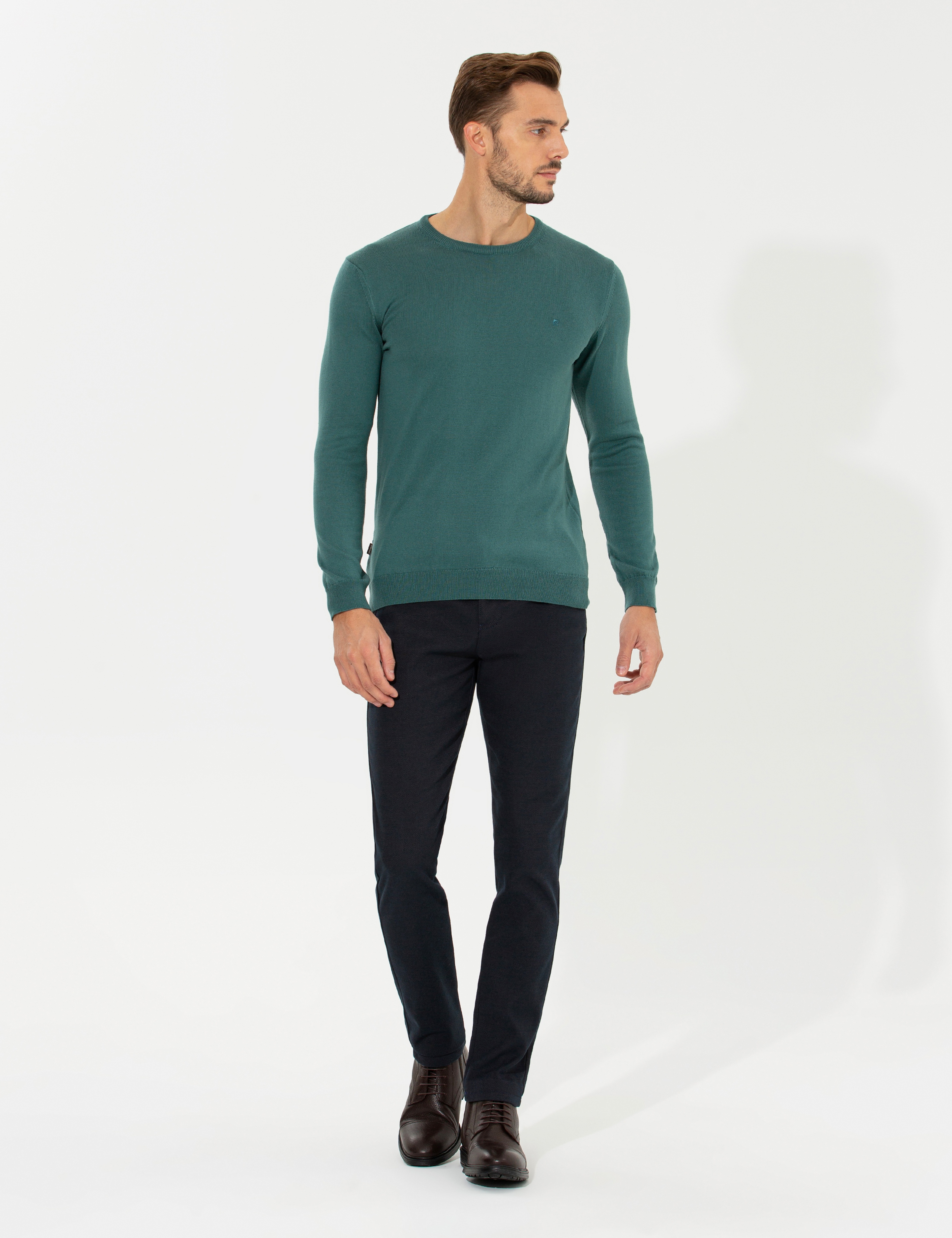 Yeşil Slim Fit Bisiklet Yaka Basic Triko Kazak - Image 4