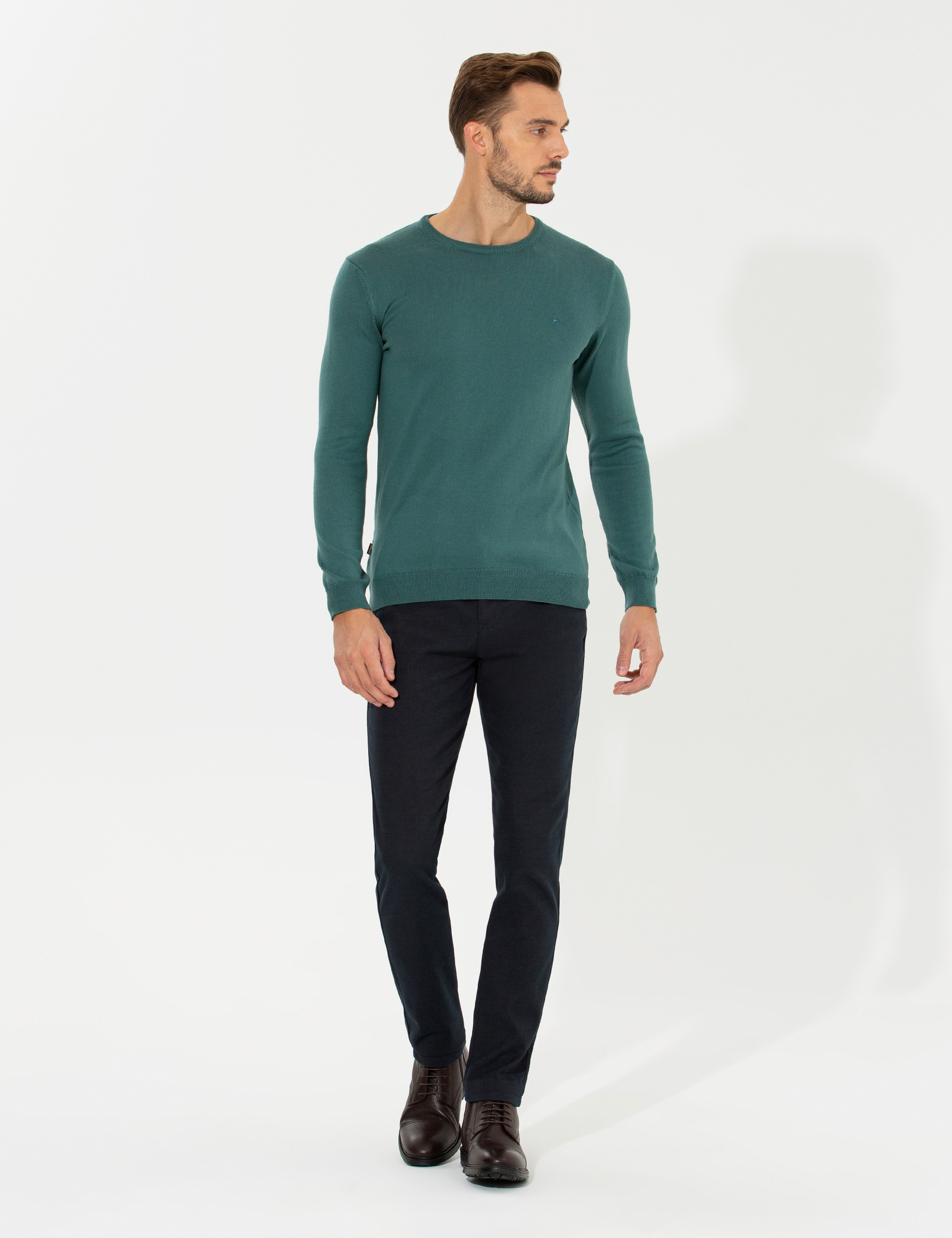 Yeşil Slim Fit Bisiklet Yaka Basic Triko Kazak