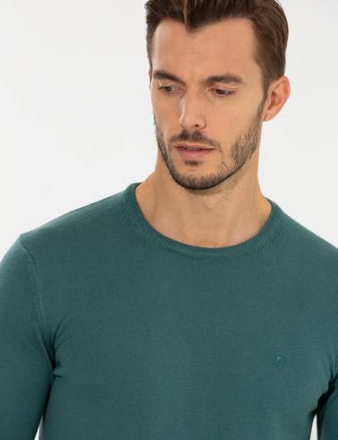 Yeşil Slim Fit Bisiklet Yaka Basic Triko Kazak