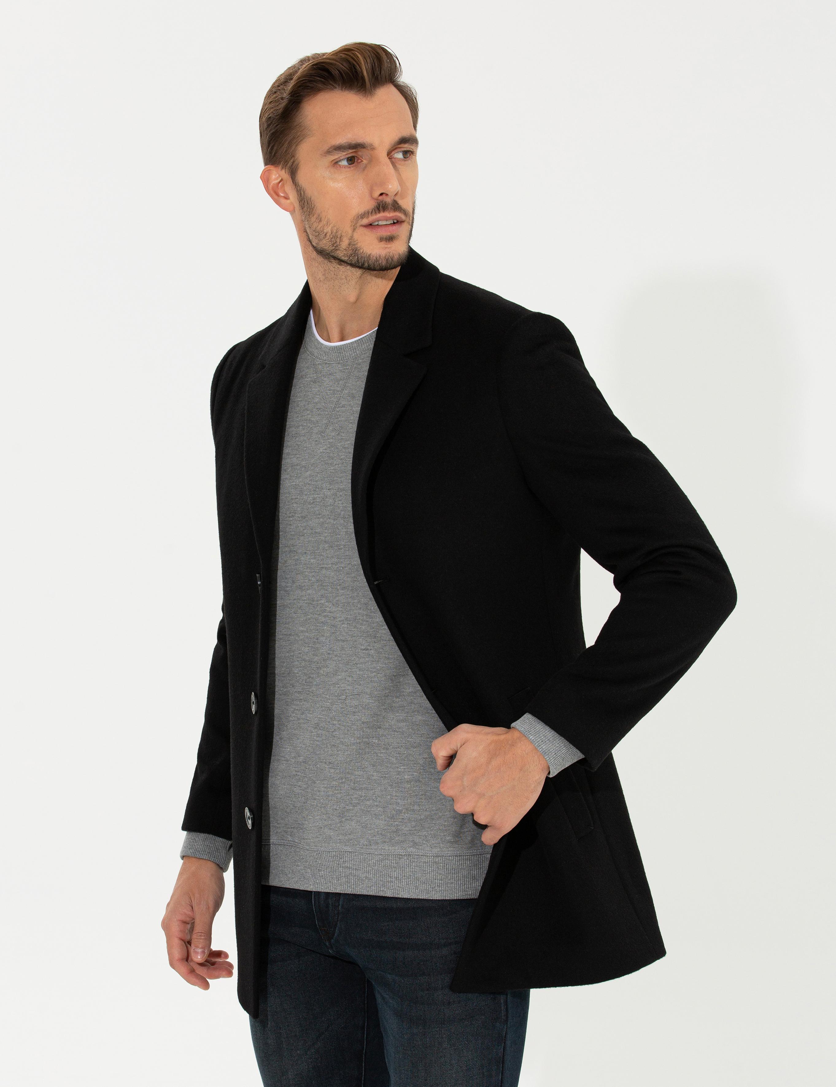 Siyah Ex. Slim Fit Kaşe Kaban