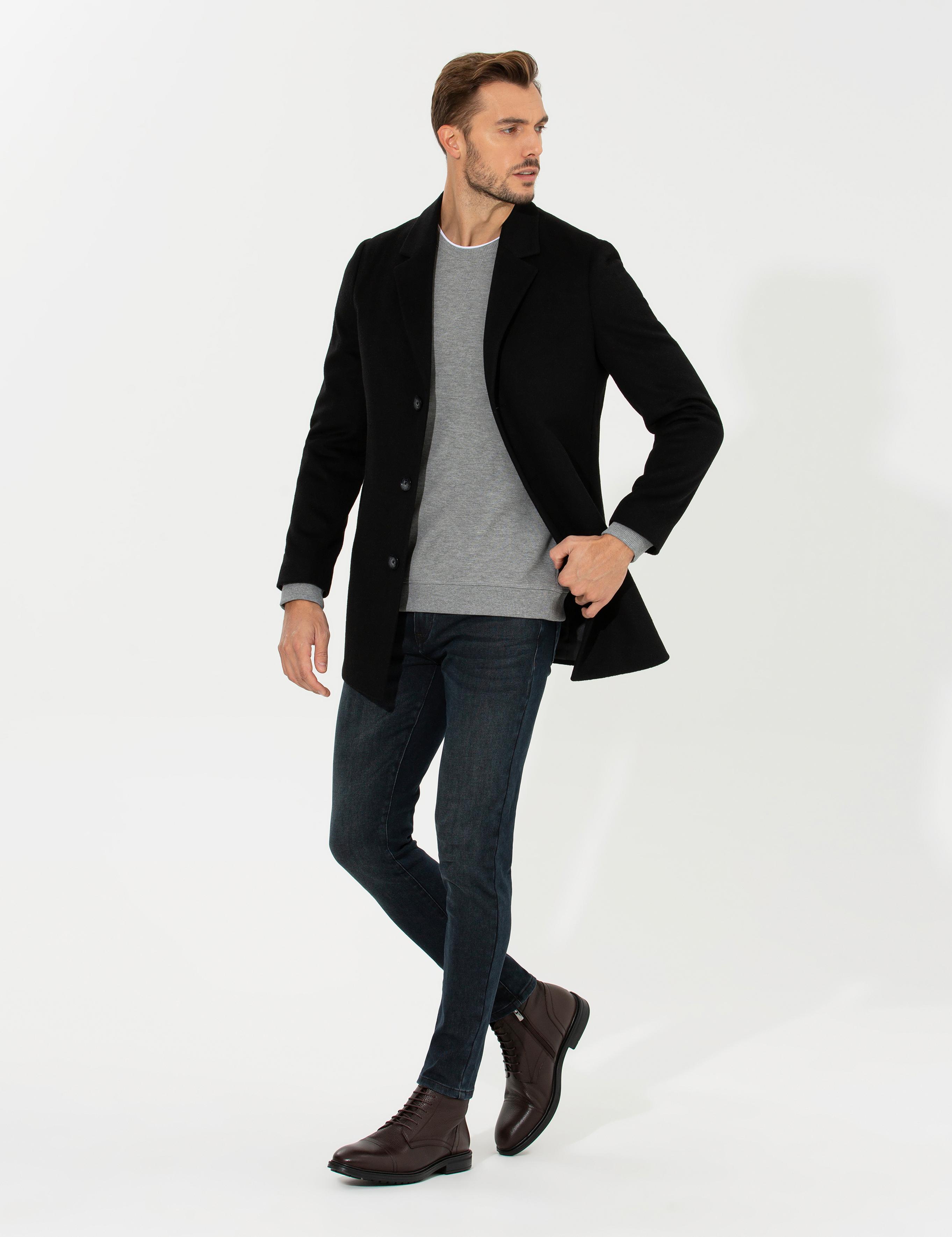 Siyah Ex. Slim Fit Kaşe Kaban