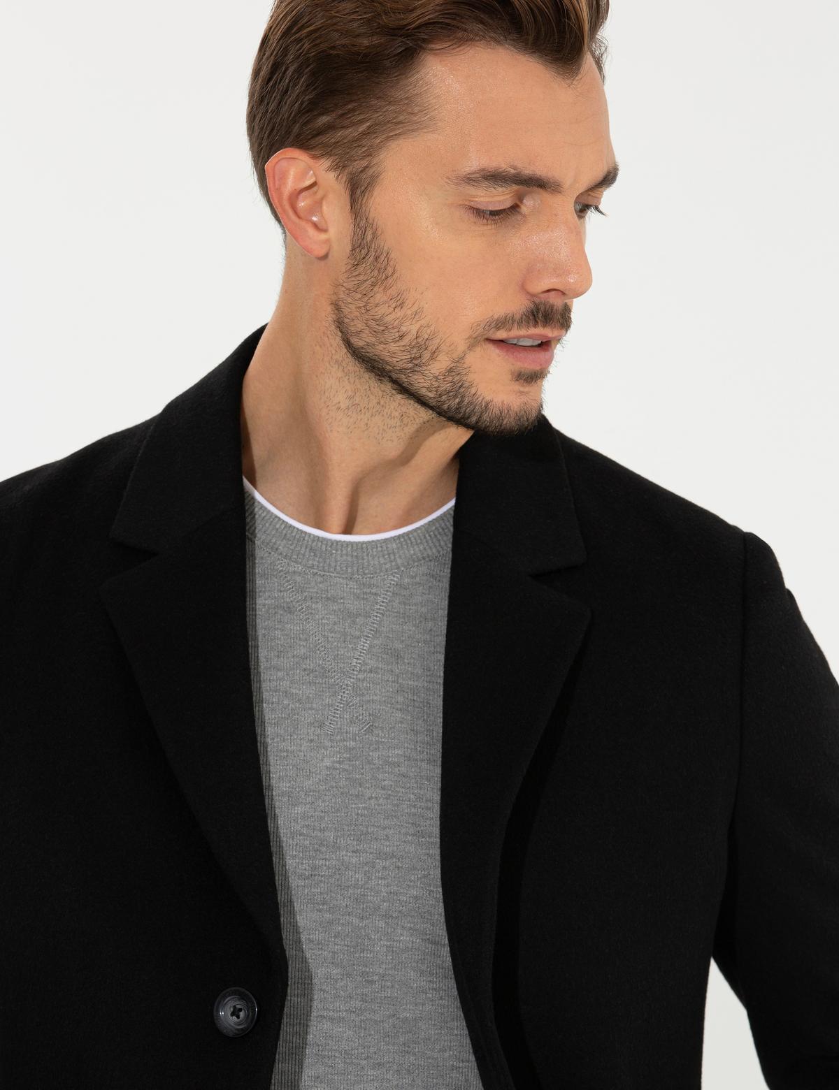 Siyah Ex. Slim Fit Kaşe Kaban - 50257388006