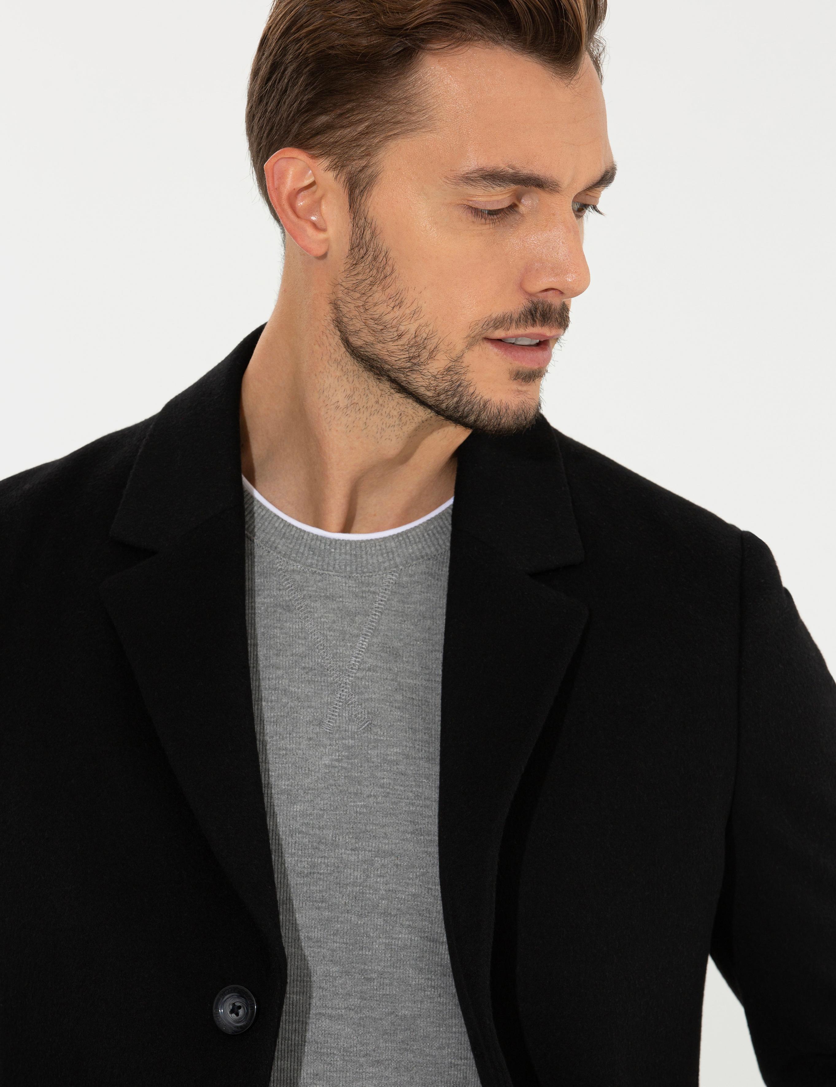 Siyah Ex. Slim Fit Kaşe Kaban