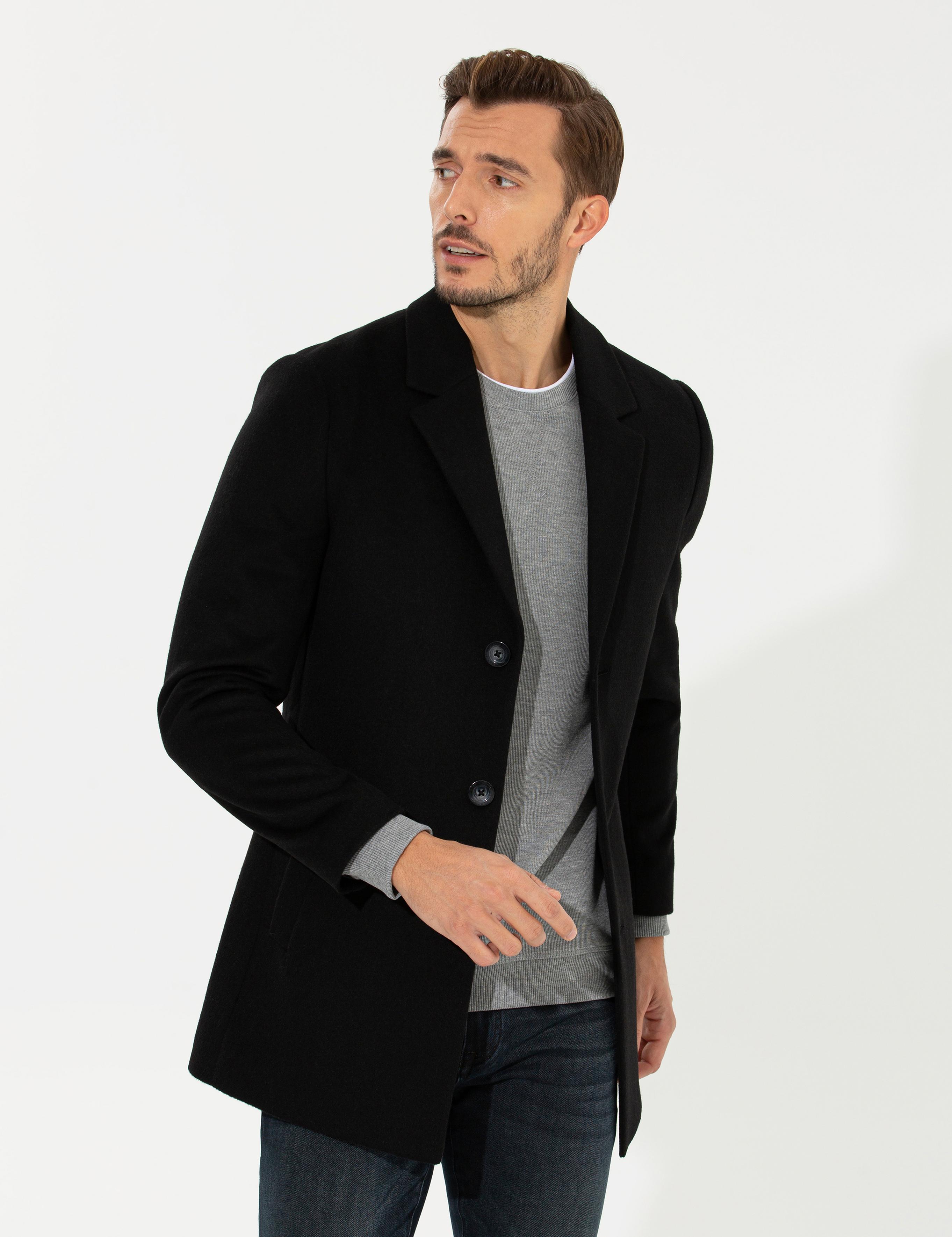 Siyah Ex. Slim Fit Kaşe Kaban