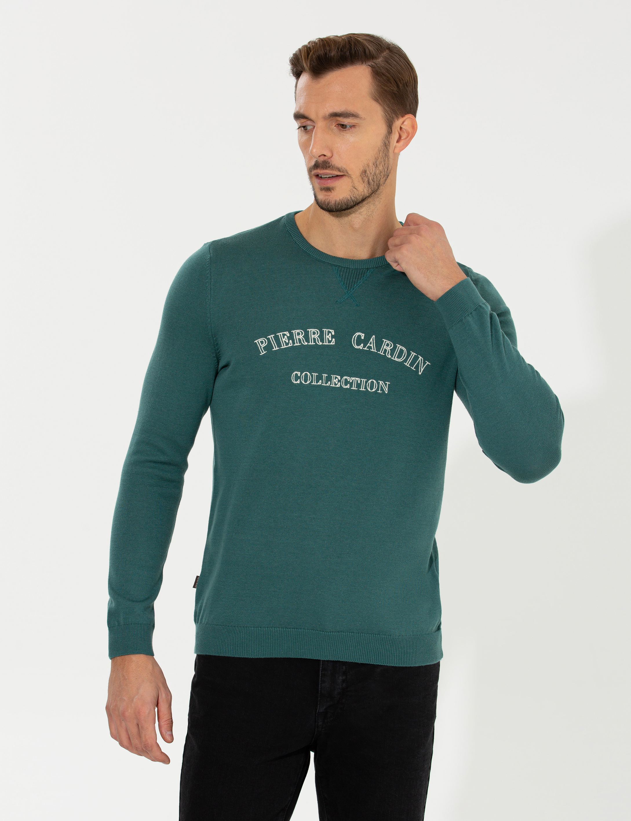 Yeşil Slim Fit Bisiklet Yaka Triko Kazak