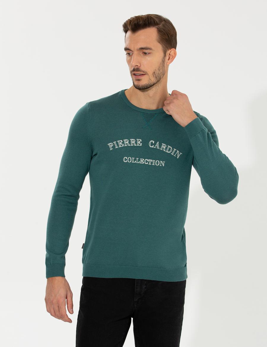 Yeşil Slim Fit Bisiklet Yaka Triko Kazak