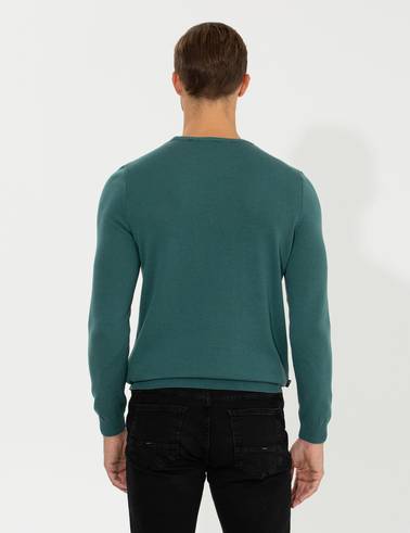 Yeşil Slim Fit Bisiklet Yaka Triko Kazak