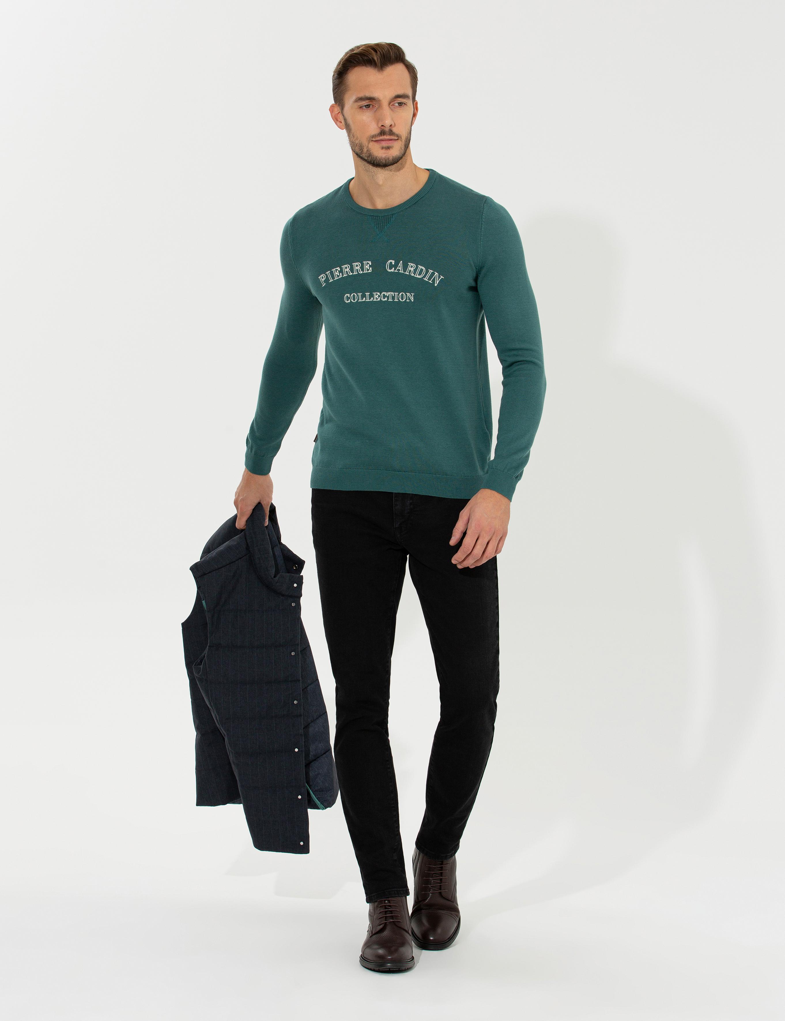 Yeşil Slim Fit Bisiklet Yaka Triko Kazak