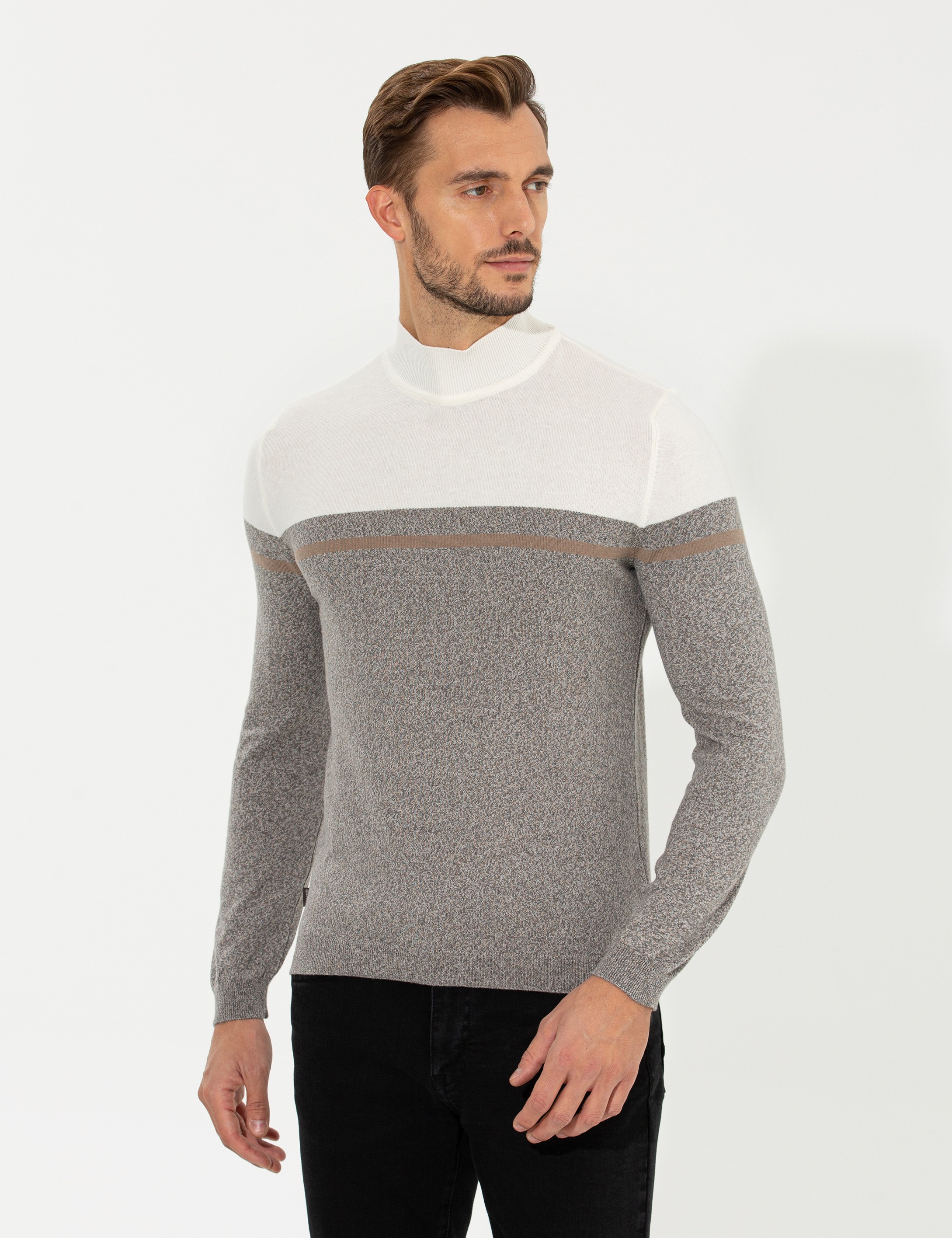 Pierre Cardin Vizon Melanj Slim Fit Balıkçı Yaka Triko Kazak görsel 2