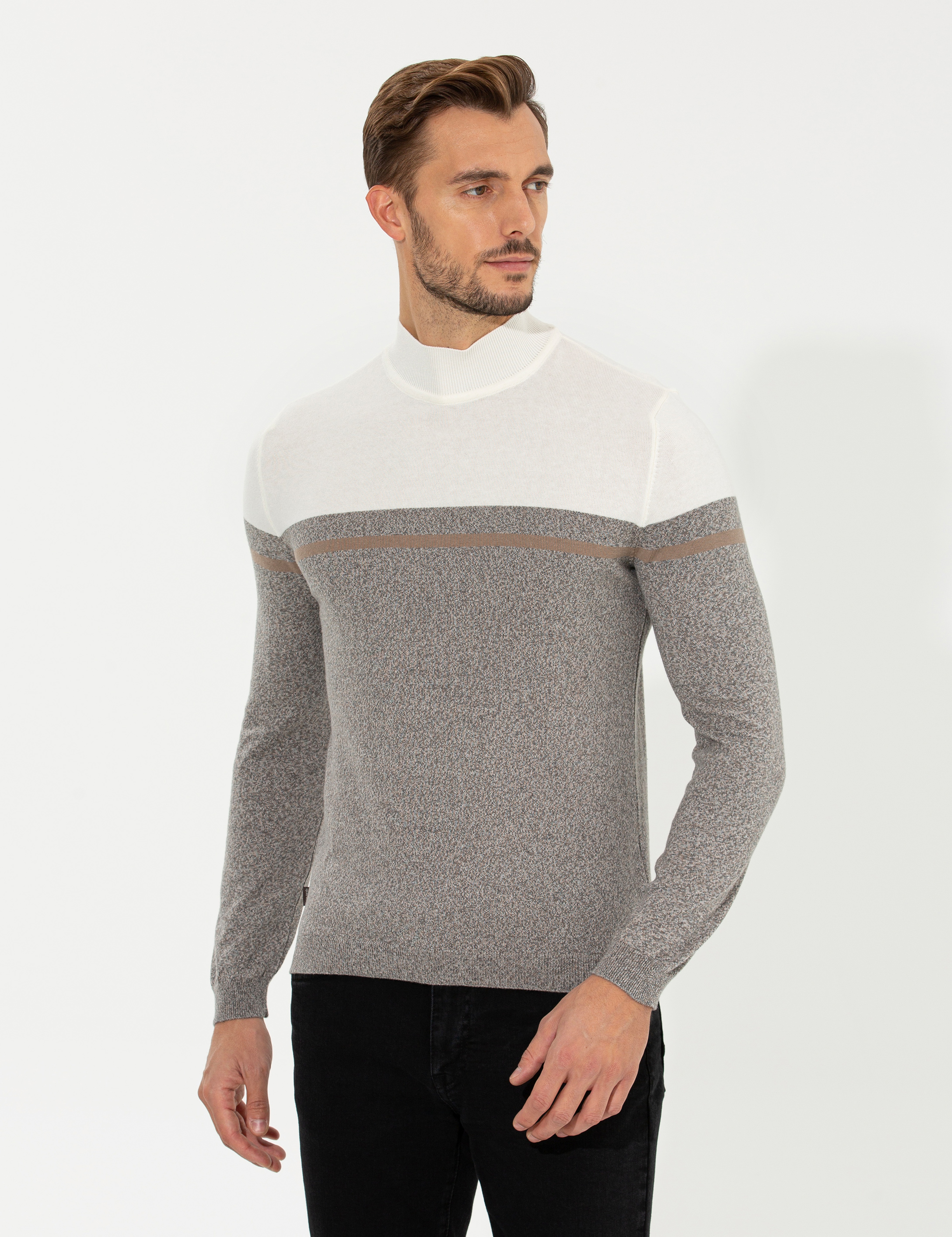 Vizon Melanj Slim Fit Balıkçı Yaka Triko Kazak - Image 2