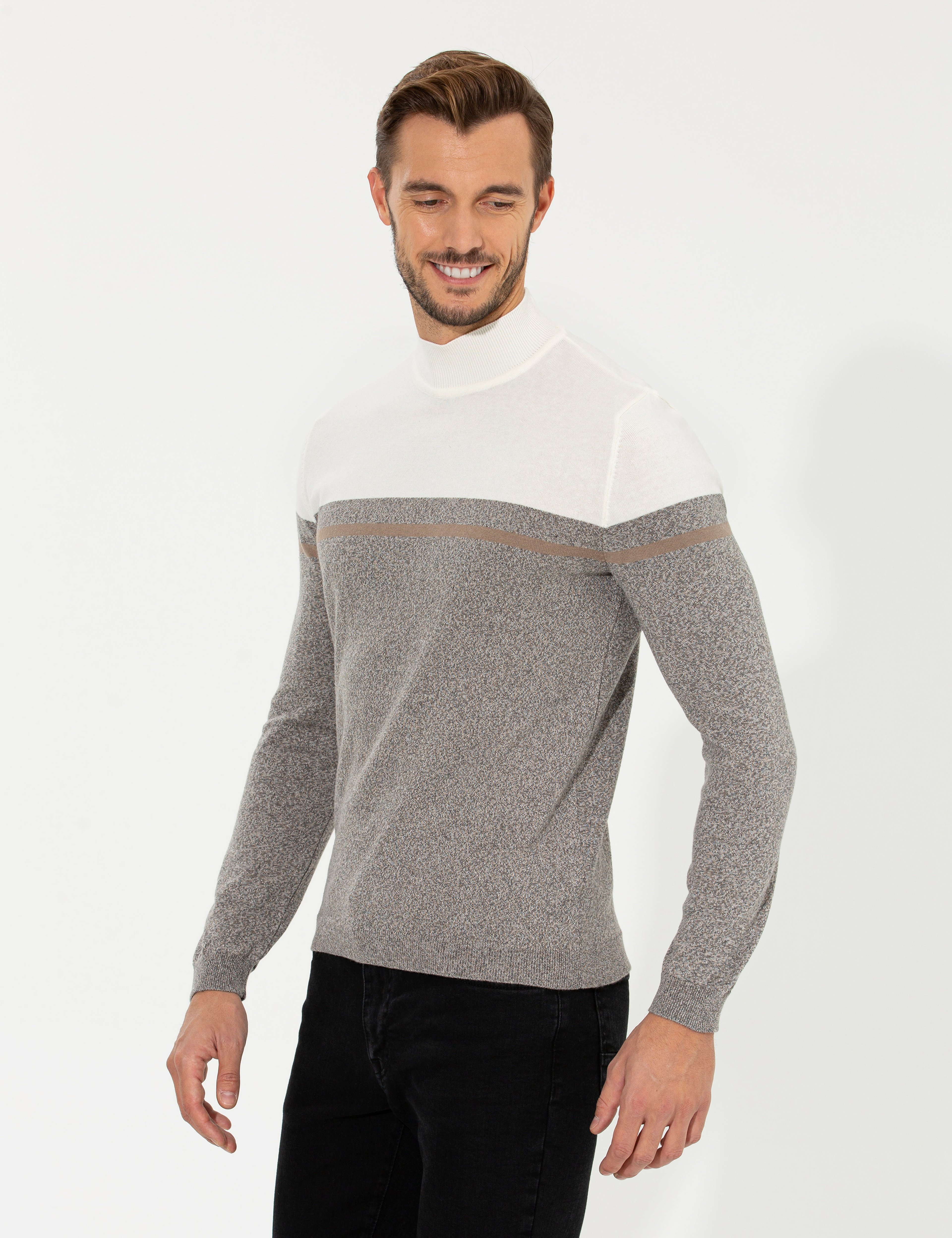Vizon Melanj Slim Fit Balıkçı Yaka Triko Kazak - Image 4