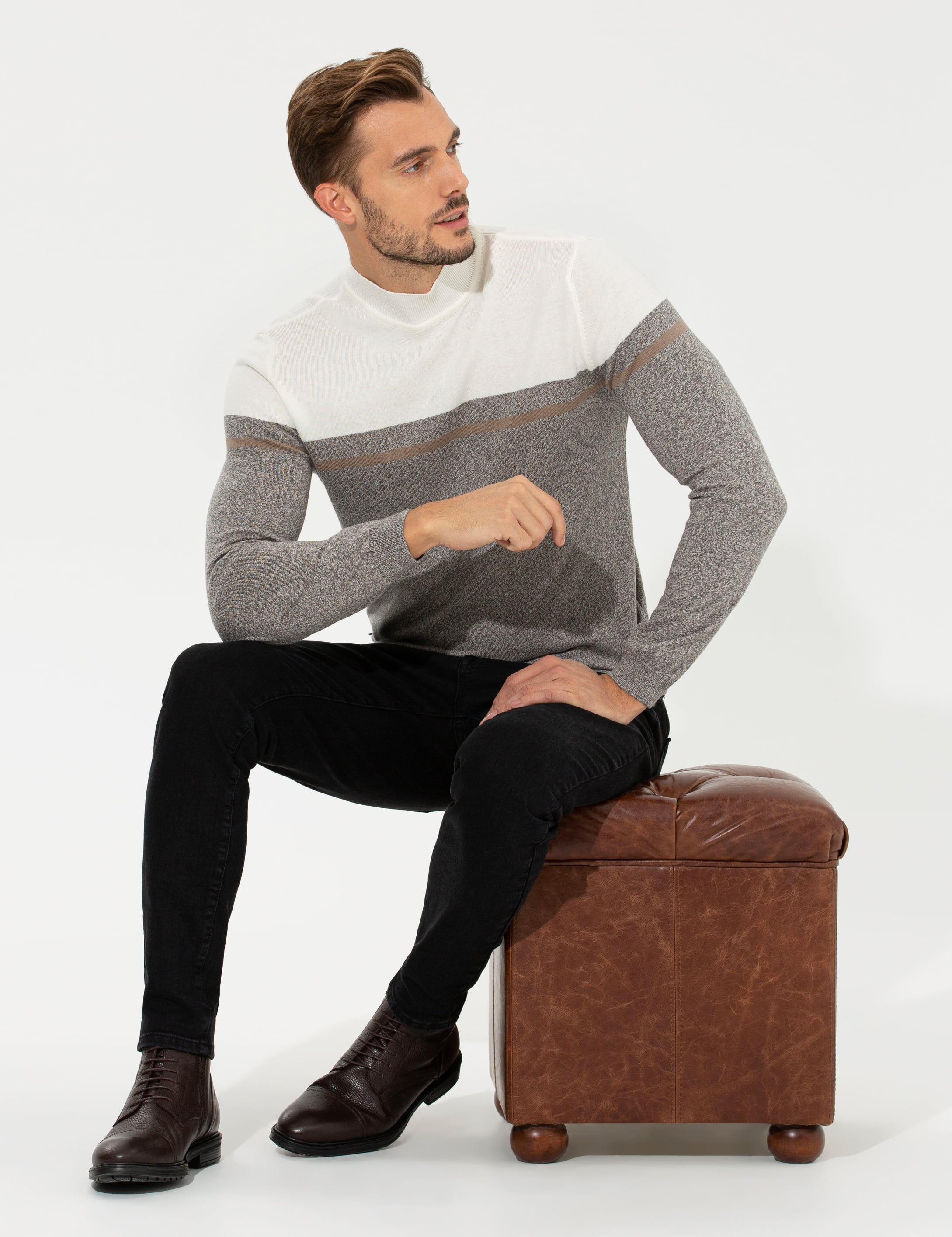 Vizon Melanj Slim Fit Balıkçı Yaka Triko Kazak