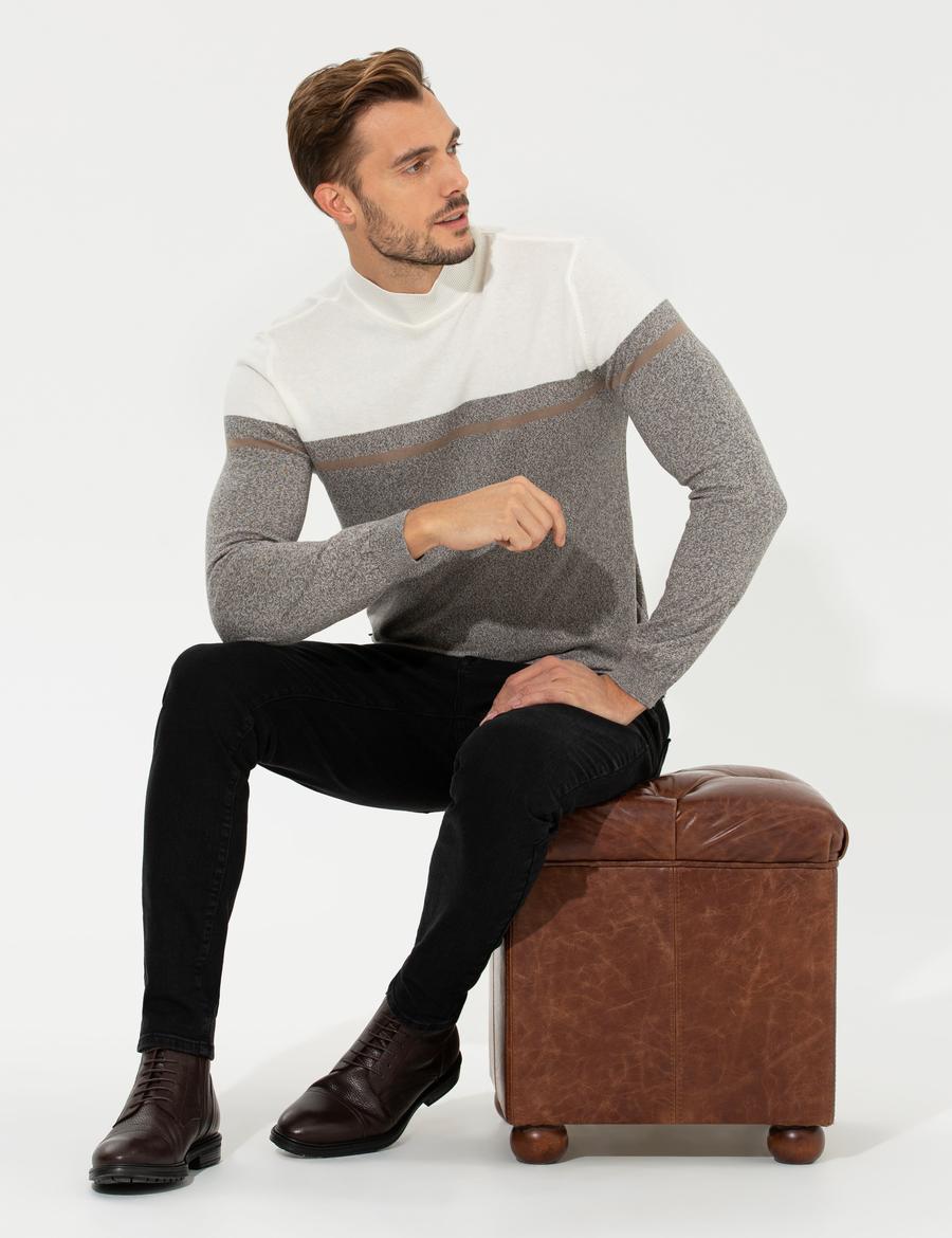 Vizon Melanj Slim Fit Balıkçı Yaka Triko Kazak