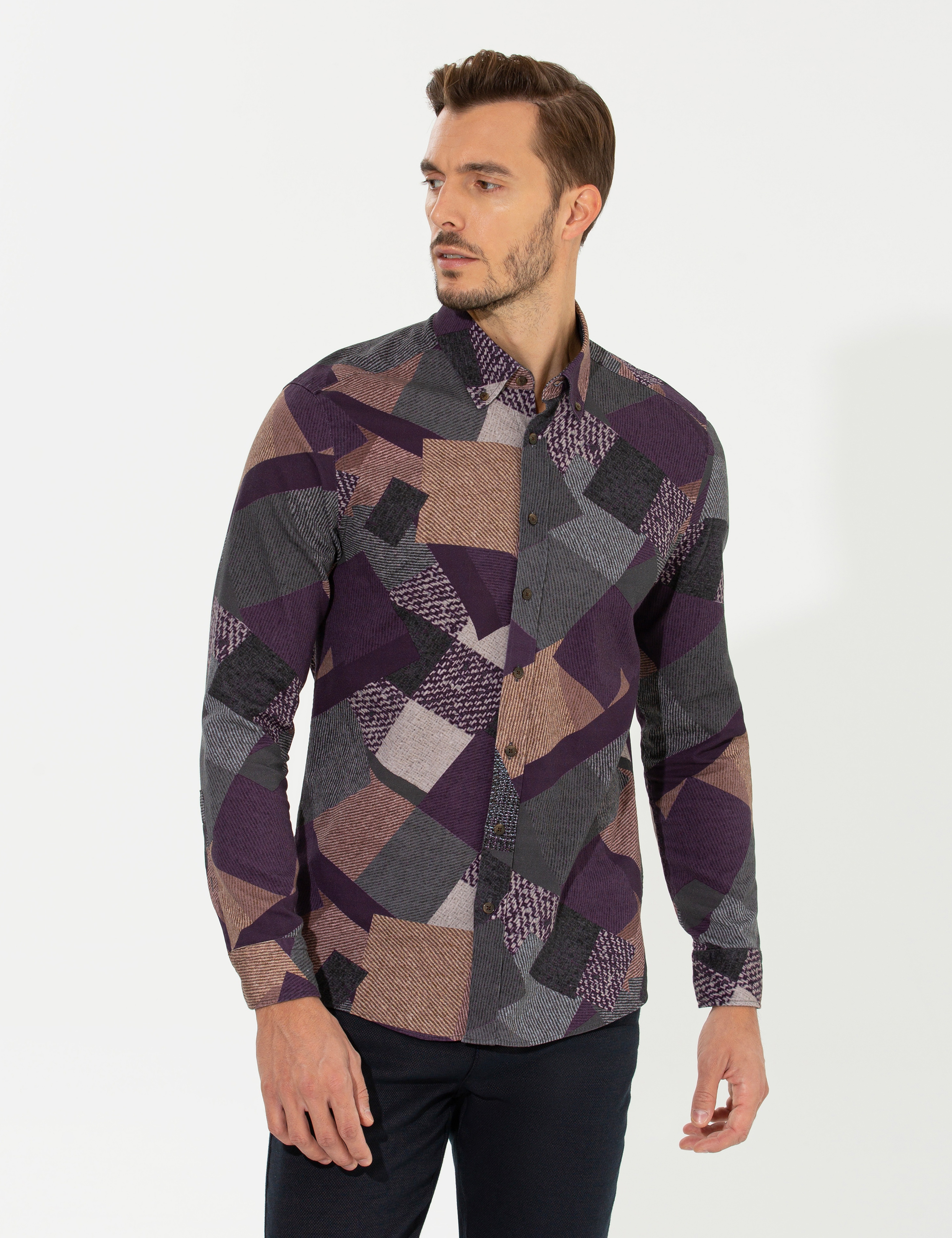 Mor Slim Fit Uzun Kollu Gömlek - Image 3