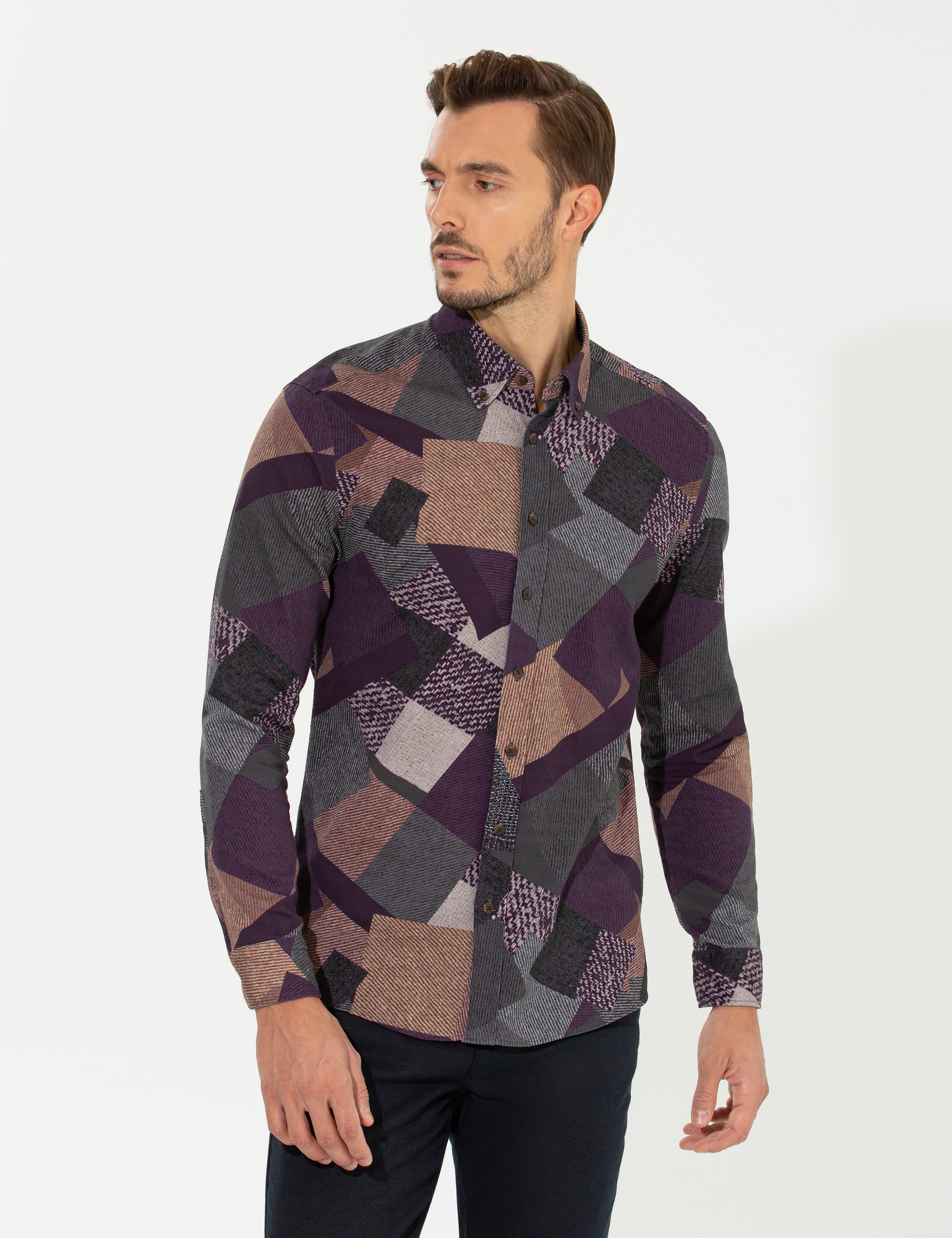 Mor Slim Fit Uzun Kollu Gömlek