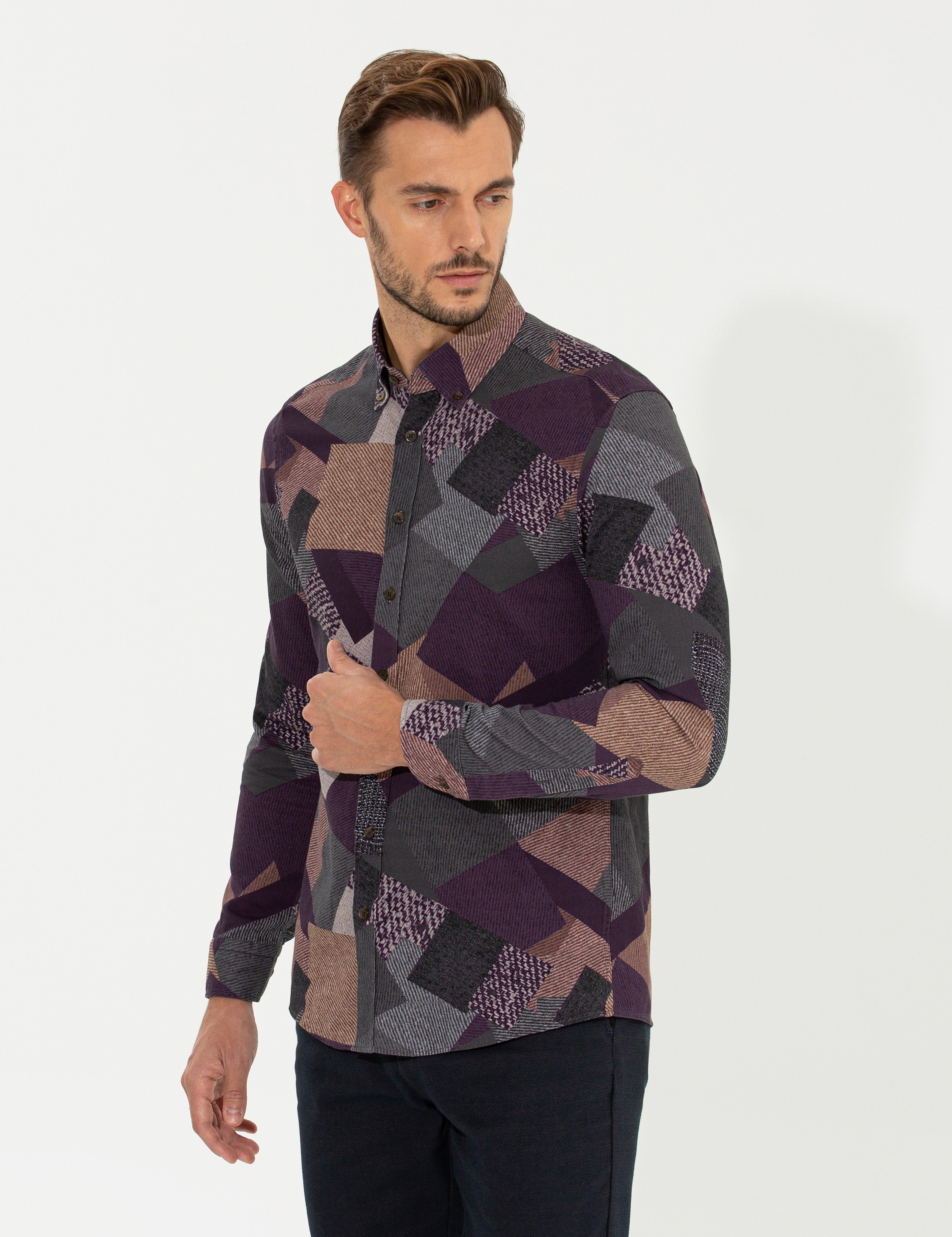 Mor Slim Fit Uzun Kollu Gömlek - Image 1