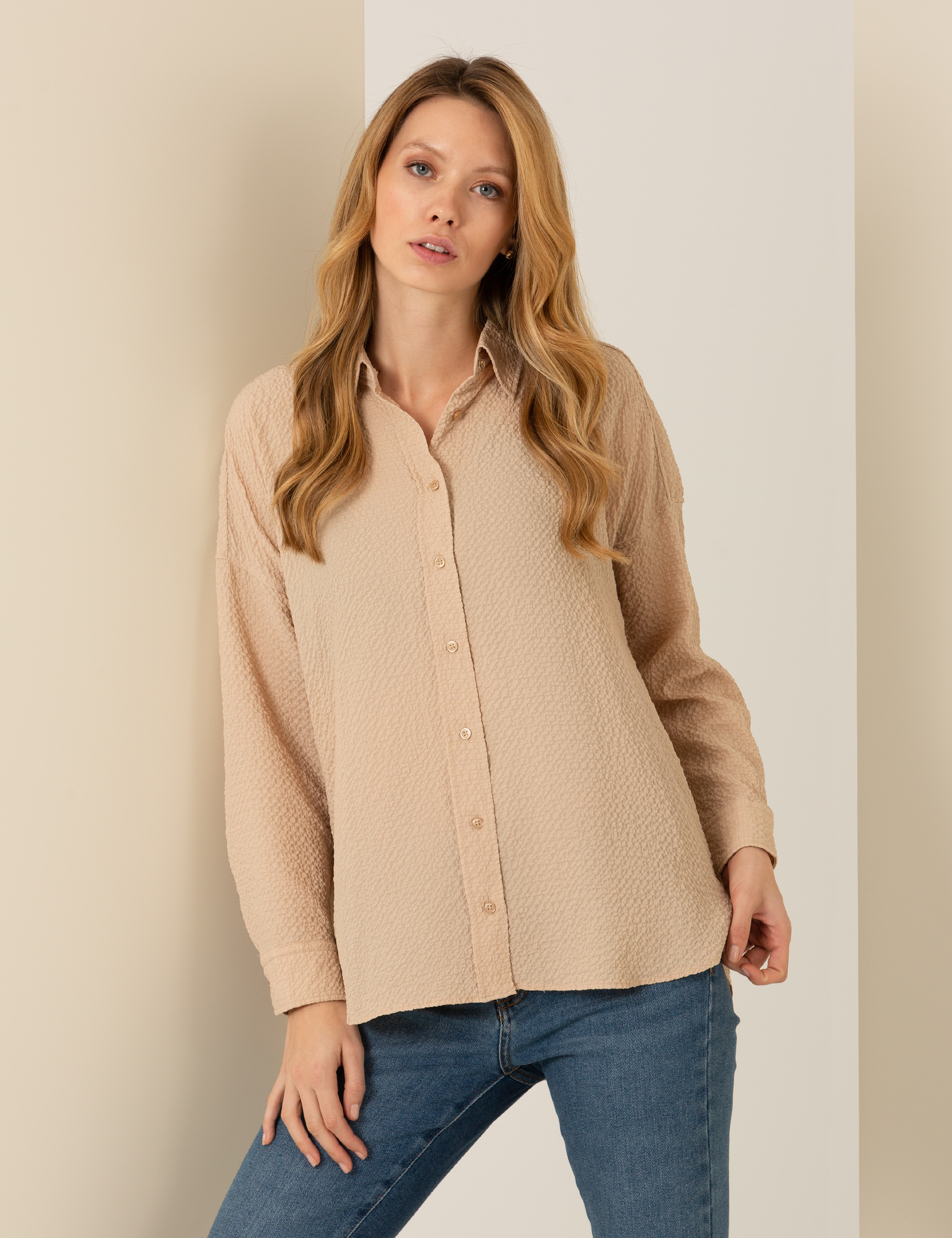 Camel Oversize Uzun Kollu Gömlek - Image 1